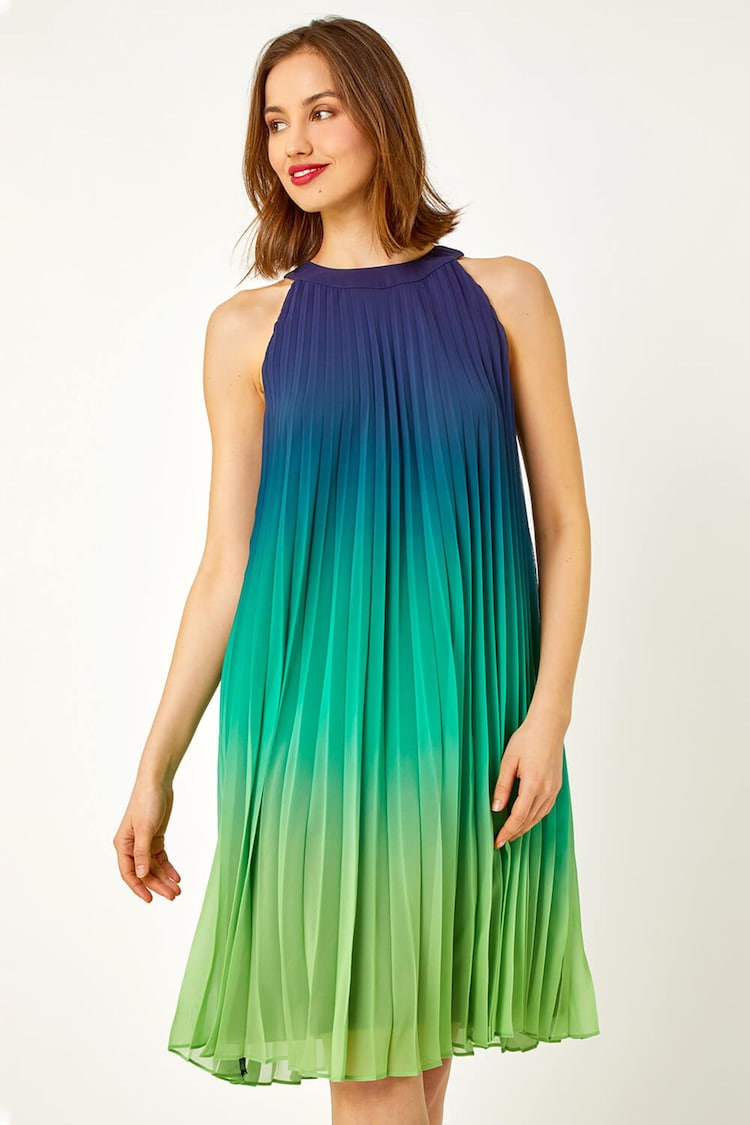 Roman Blue Ombre Halter Neck Pleated Swing Dress - Image 1 of 5