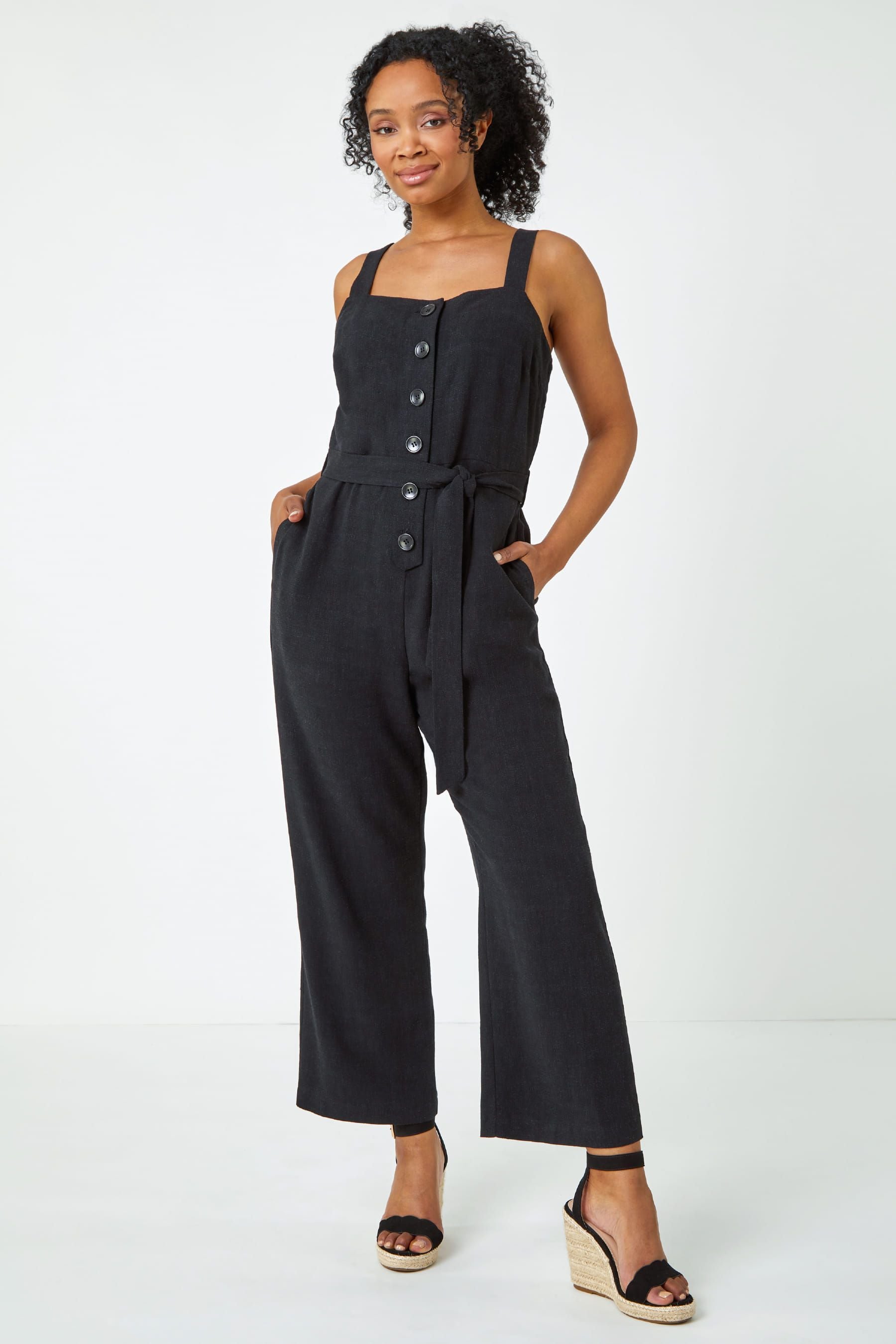 Buy Roman Black Petite Sleeveless Belted Linen Jumpsuit from the Next UK online shop