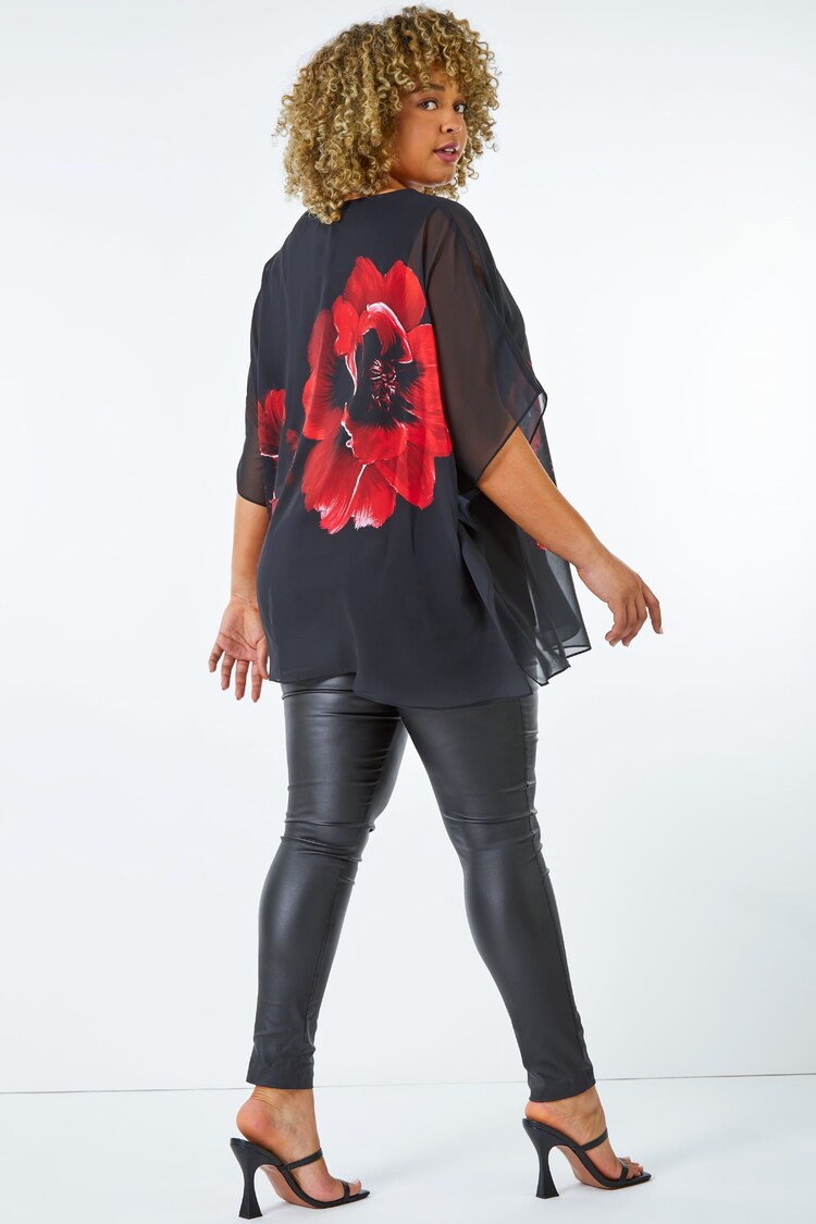 Roman Red Curve Floral Chiffon Overlay Top - Image 2 of 4