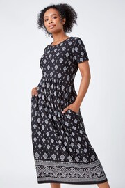 Roman Black Petite Border Print Stretch Midi Dress - Image 1 of 5