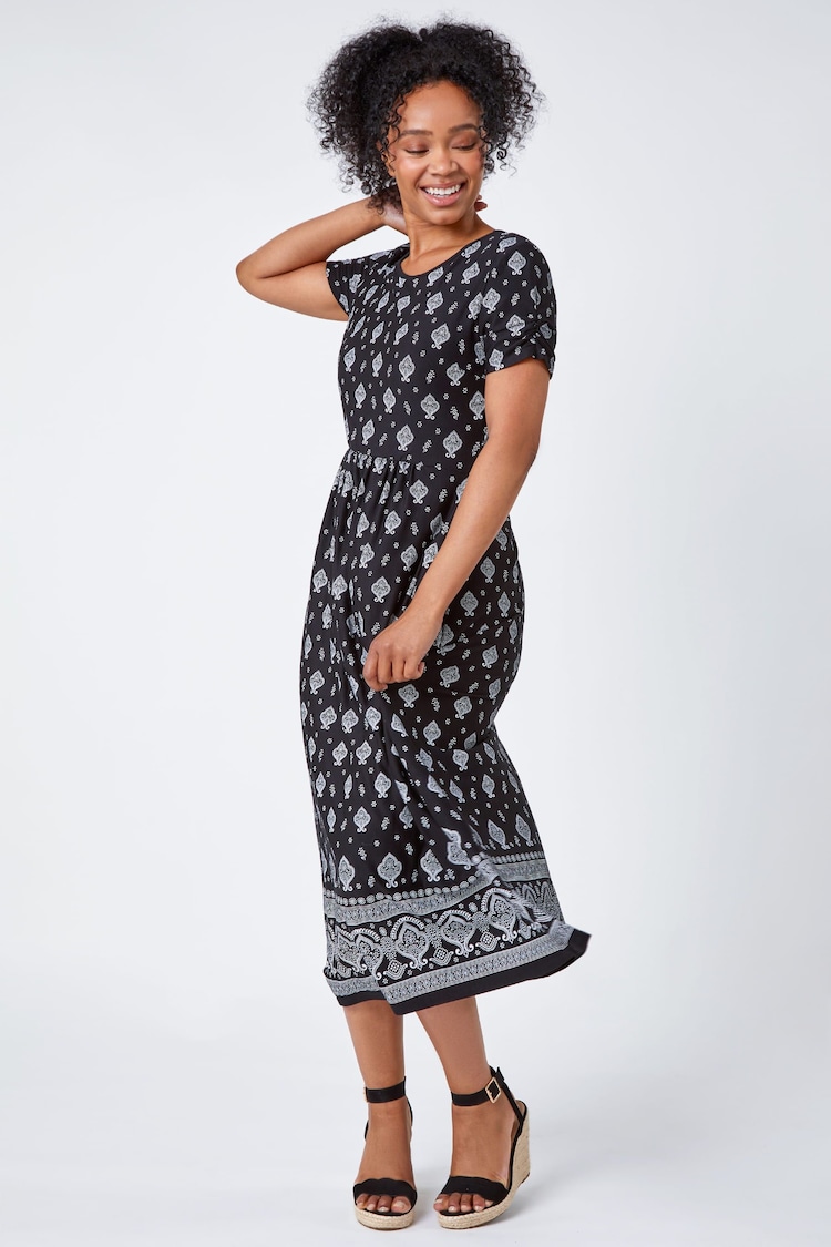 Roman Black Petite Border Print Stretch Midi Dress - Image 2 of 5