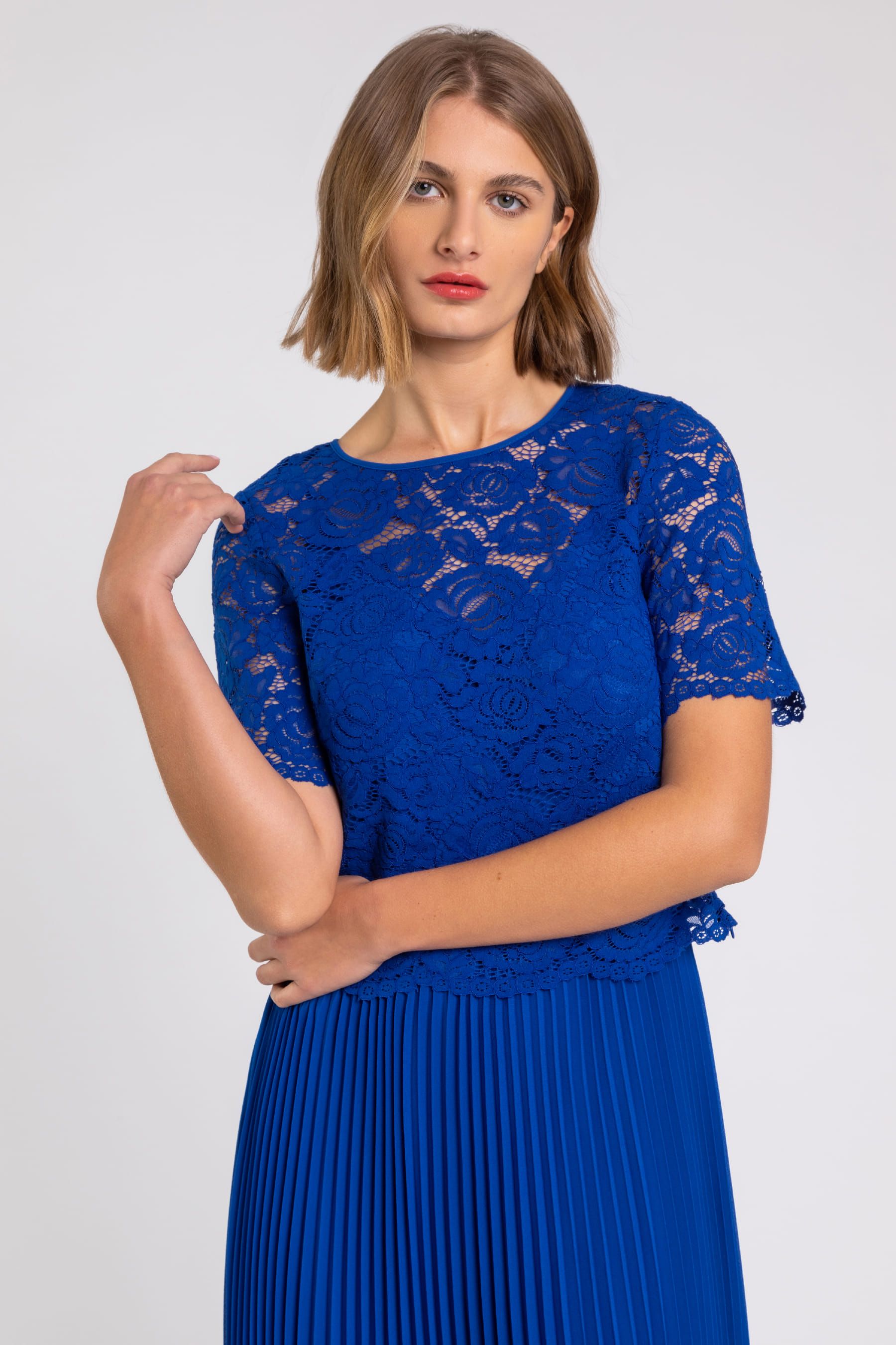 Buy Roman Blue Chrome Lace Top Overlay Pleated Midi Dress from the Next UK online shop