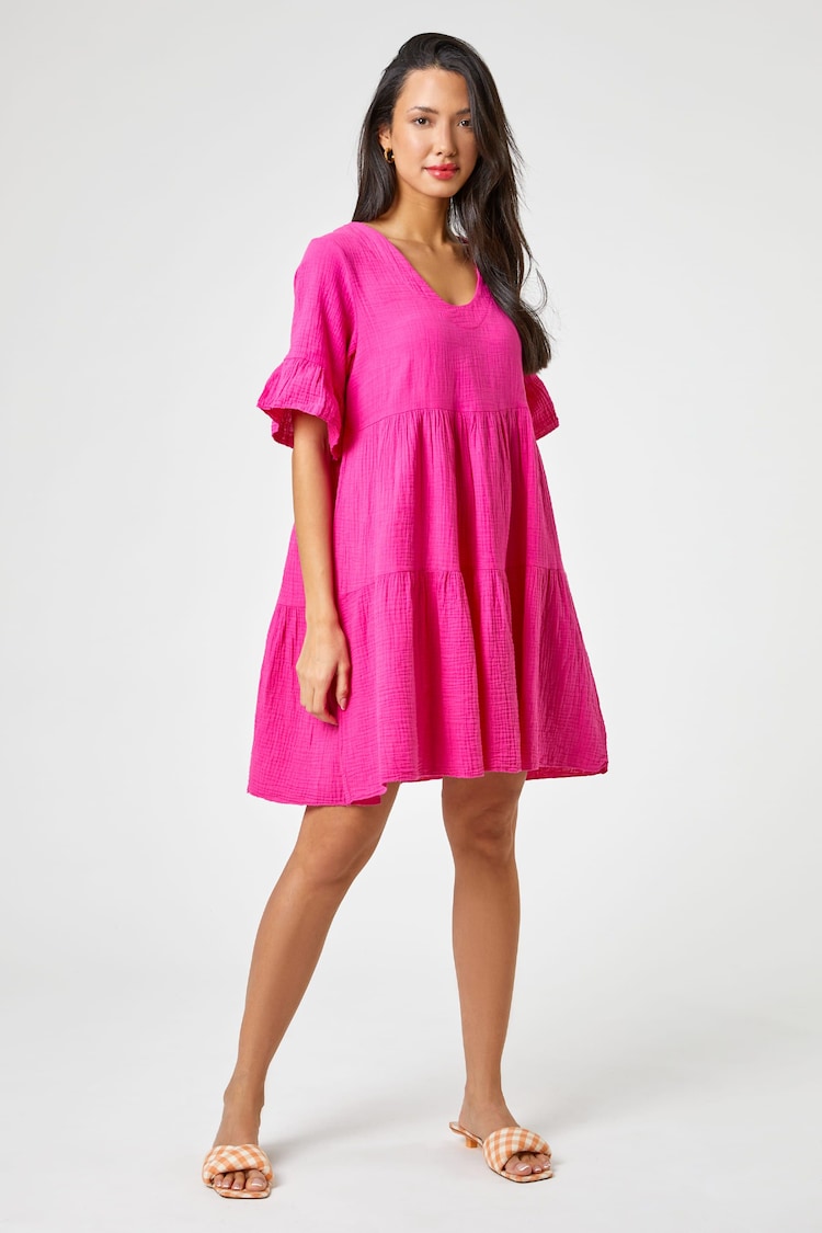 Roman Pink 100% Cotton Textured Tiered Smock Dress - Image 2 of 4