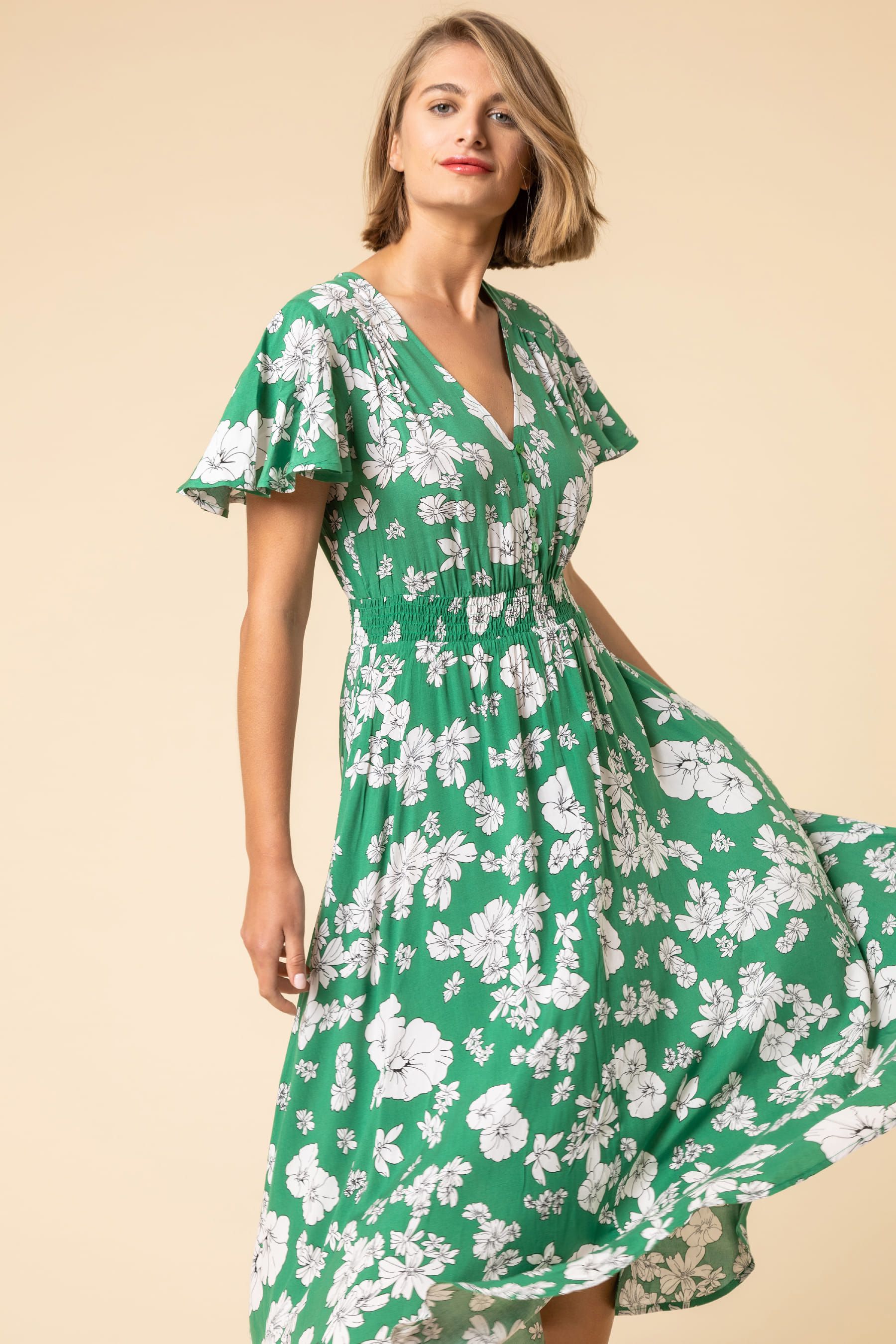 Buy Roman Green Floral Print Tiered Midi Dress from the Next UK online shop