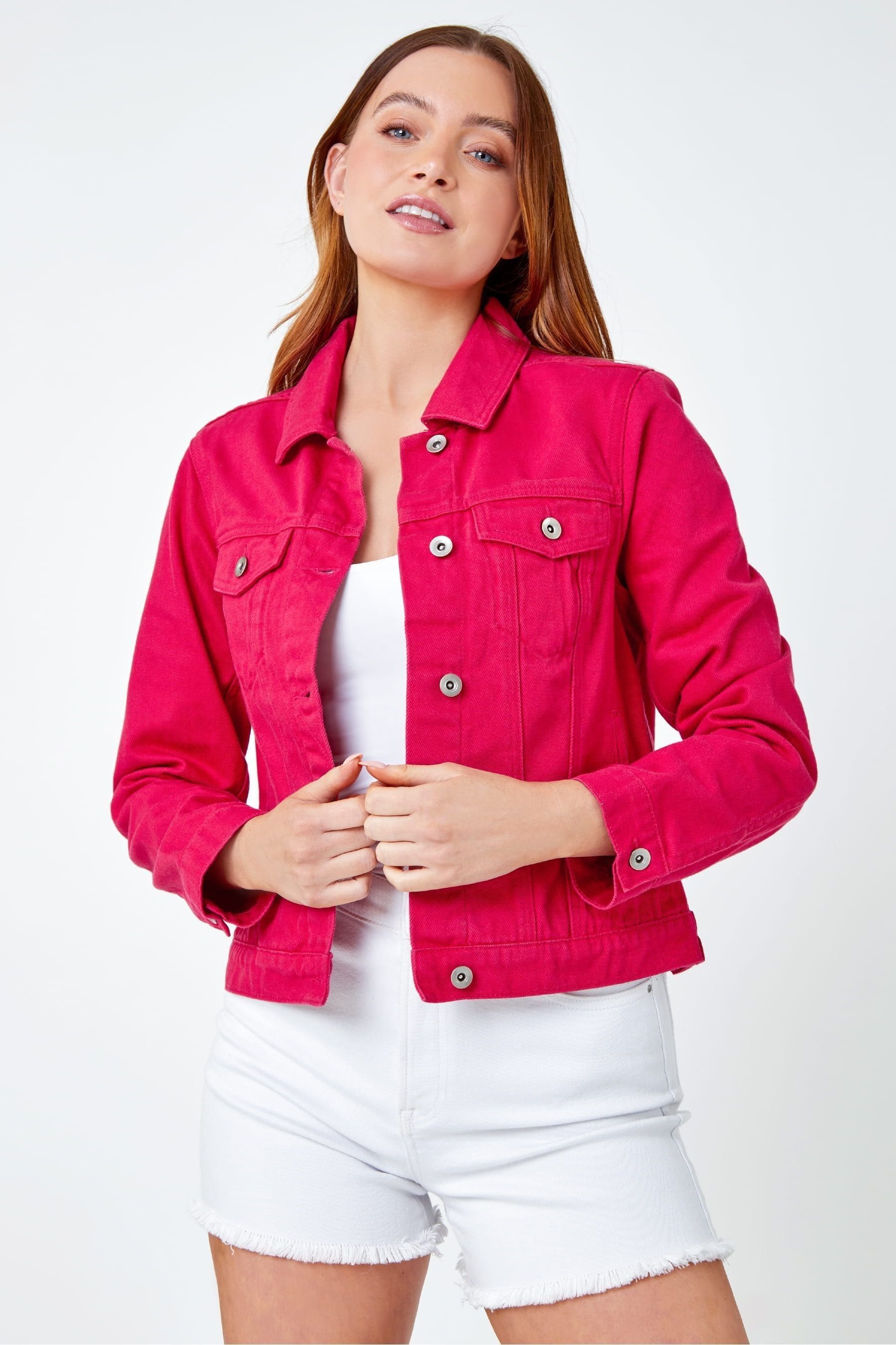 Dark pink denim jacket clearance