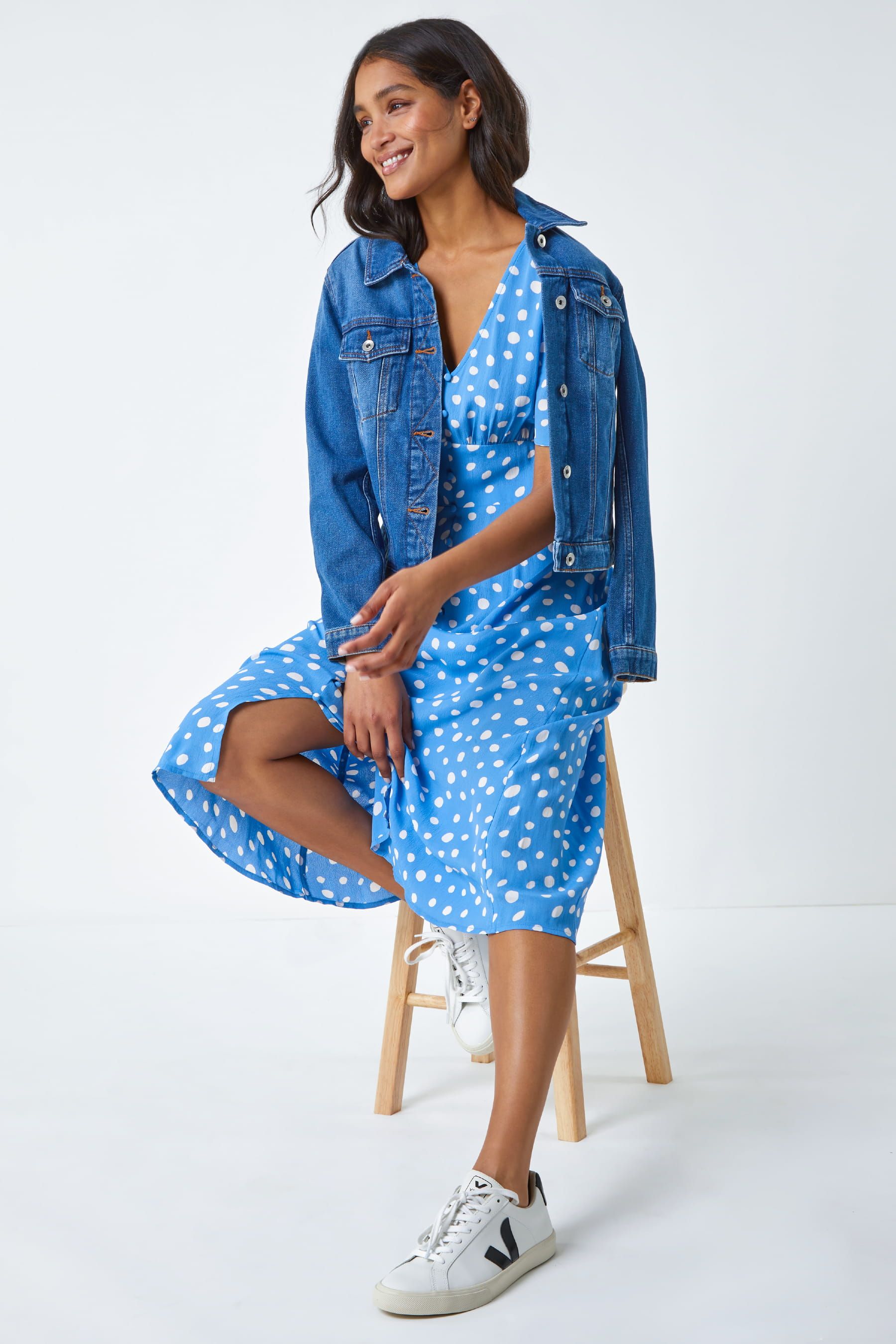 Buy Roman Light Blue Polka Dot Ruched Sleeve Midi Dress from the Next UK online shop