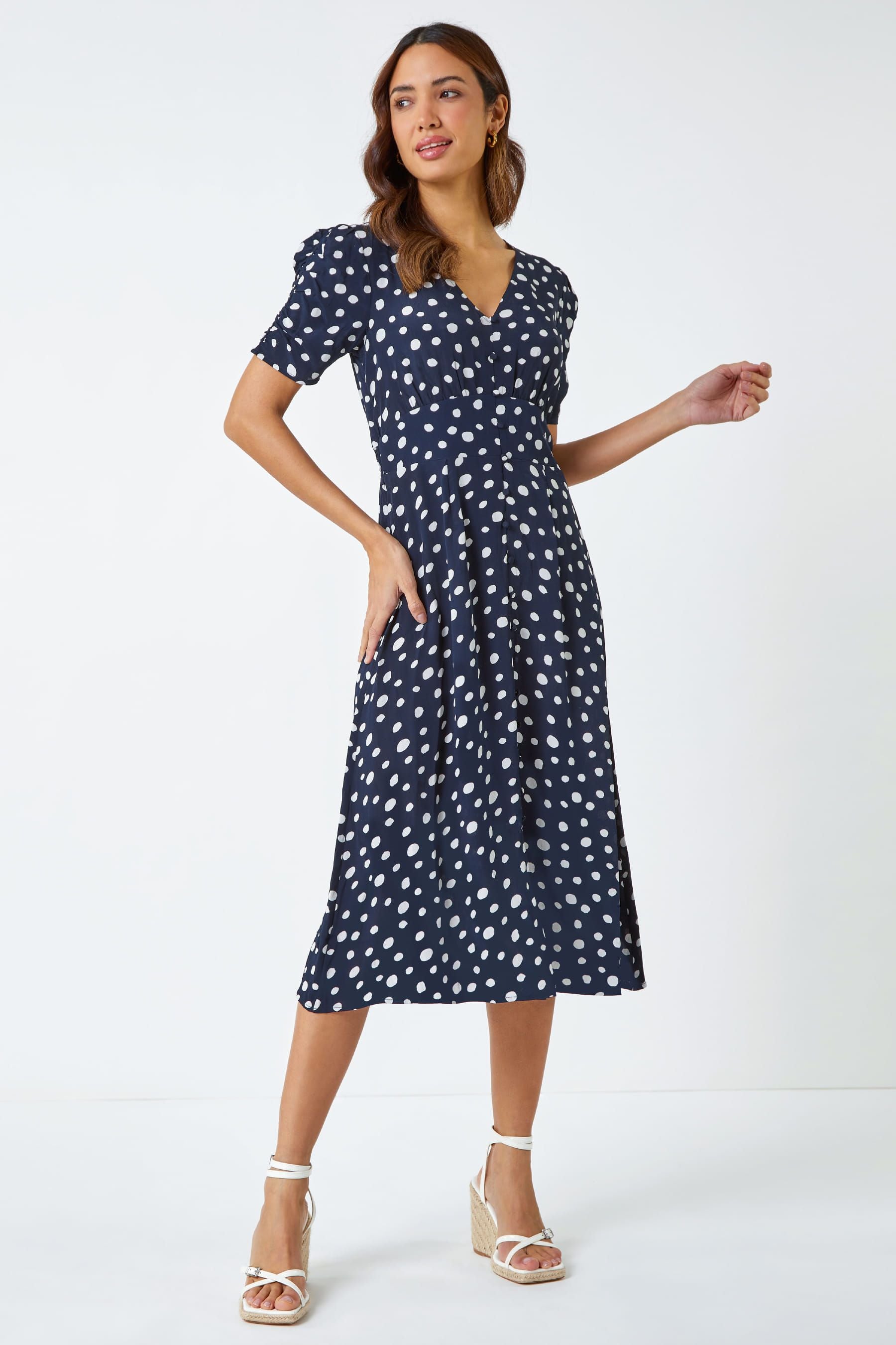 Buy Roman Blue Polka Dot Ruched Sleeve Midi Dress from the Next UK online shop