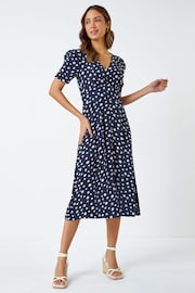 Roman Blue Polka Dot Ruched Sleeve Midi Dress - Image 3 of 5