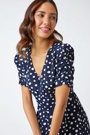 Roman Blue Polka Dot Ruched Sleeve Midi Dress - Image 4 of 5