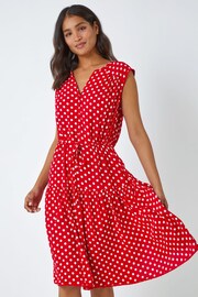 Roman Red Polka Dot Print Sleeveless Dress - Image 1 of 5