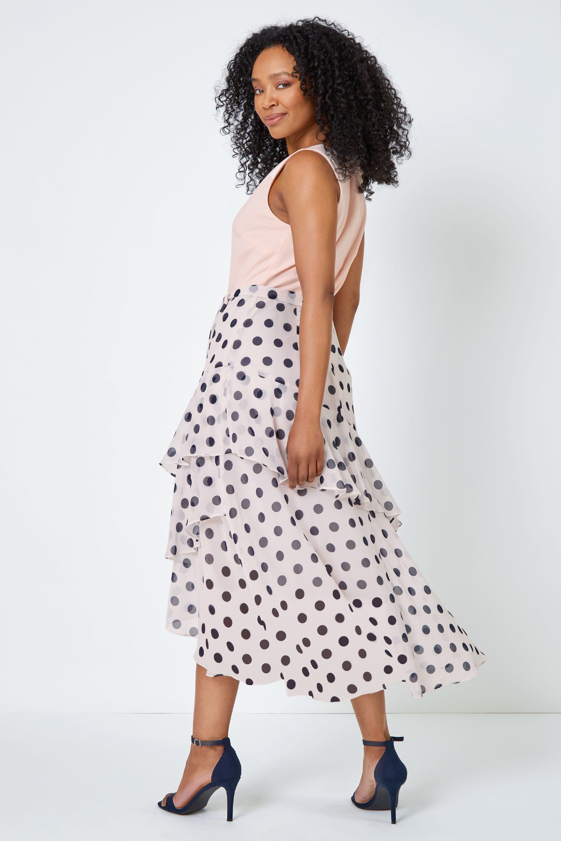 Buy Roman Pink Petite Sleeveless Polka Dot Chiffon Midi Dress from the Next UK online shop