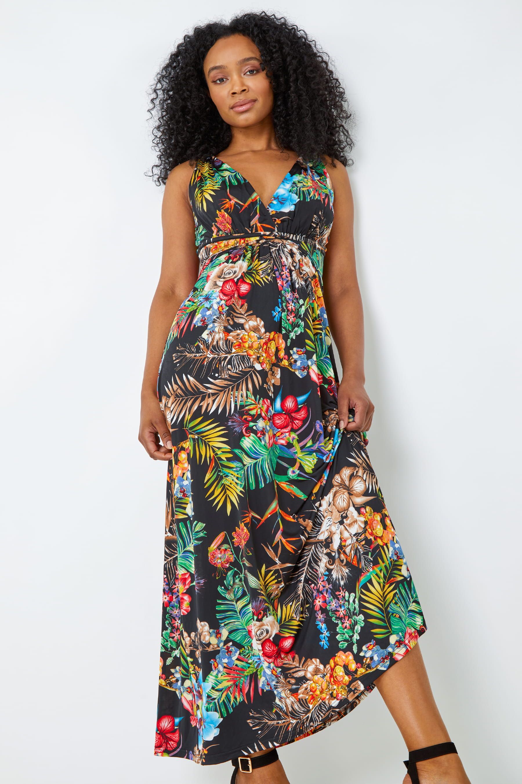 Buy Roman Black Petite Tropical Print Maxi Dress from the Next UK online shop