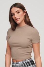 Superdry Light Brown Organic Cotton Ribbed Embroidered Fitted T-Shirt - Image 3 of 5