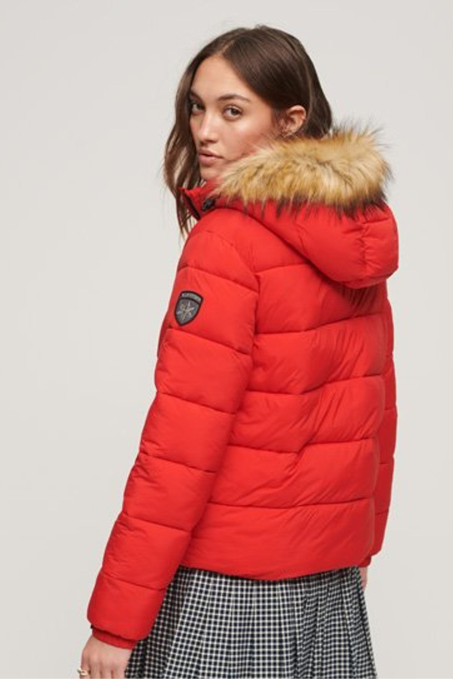 Red faux fur puffer jacket store