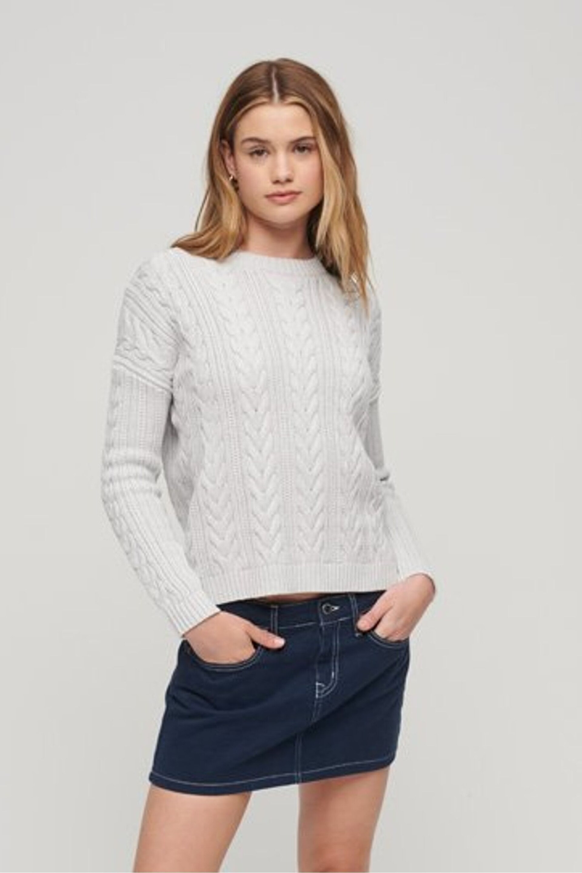 Superdry Grey Dropped Shoulder Cable Crew Jumper - Image 1 of 6
