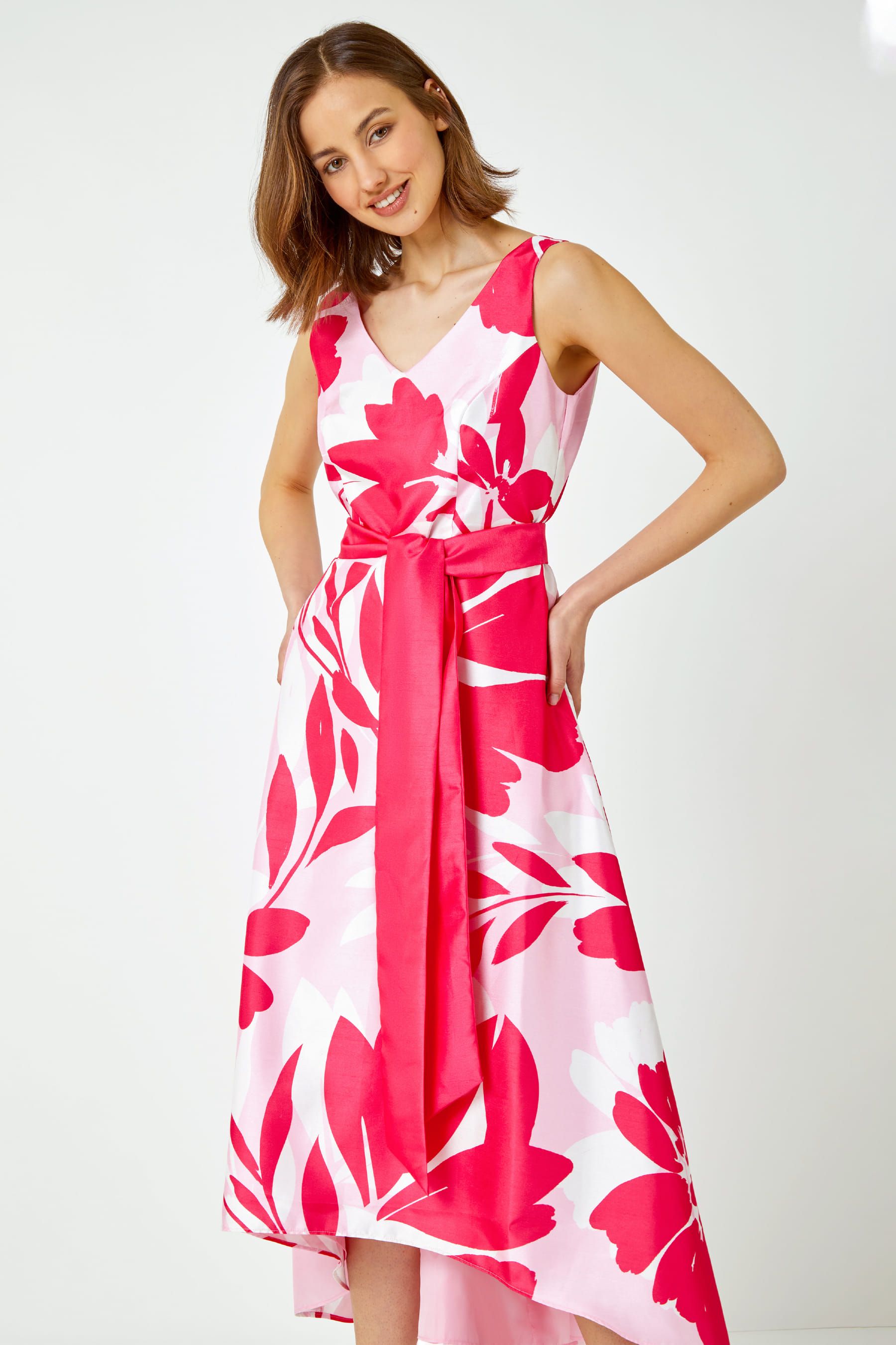 Buy Roman Pink Floral Print Dipped Hem Jacquard Dress from the Next UK online shop