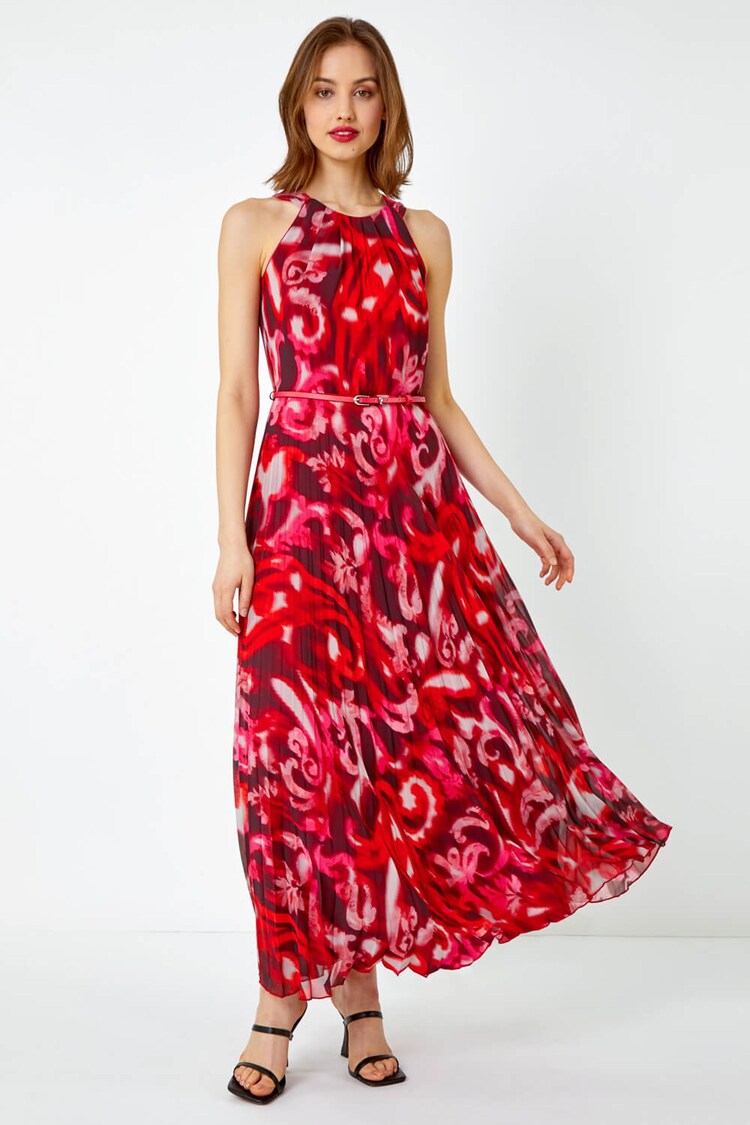 Roman Red Abstract Print Pleated Maxi Dress - Image 1 of 5