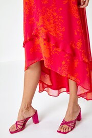 Roman Pink Floral Print Frill Detail Midi Dress - Image 5 of 5