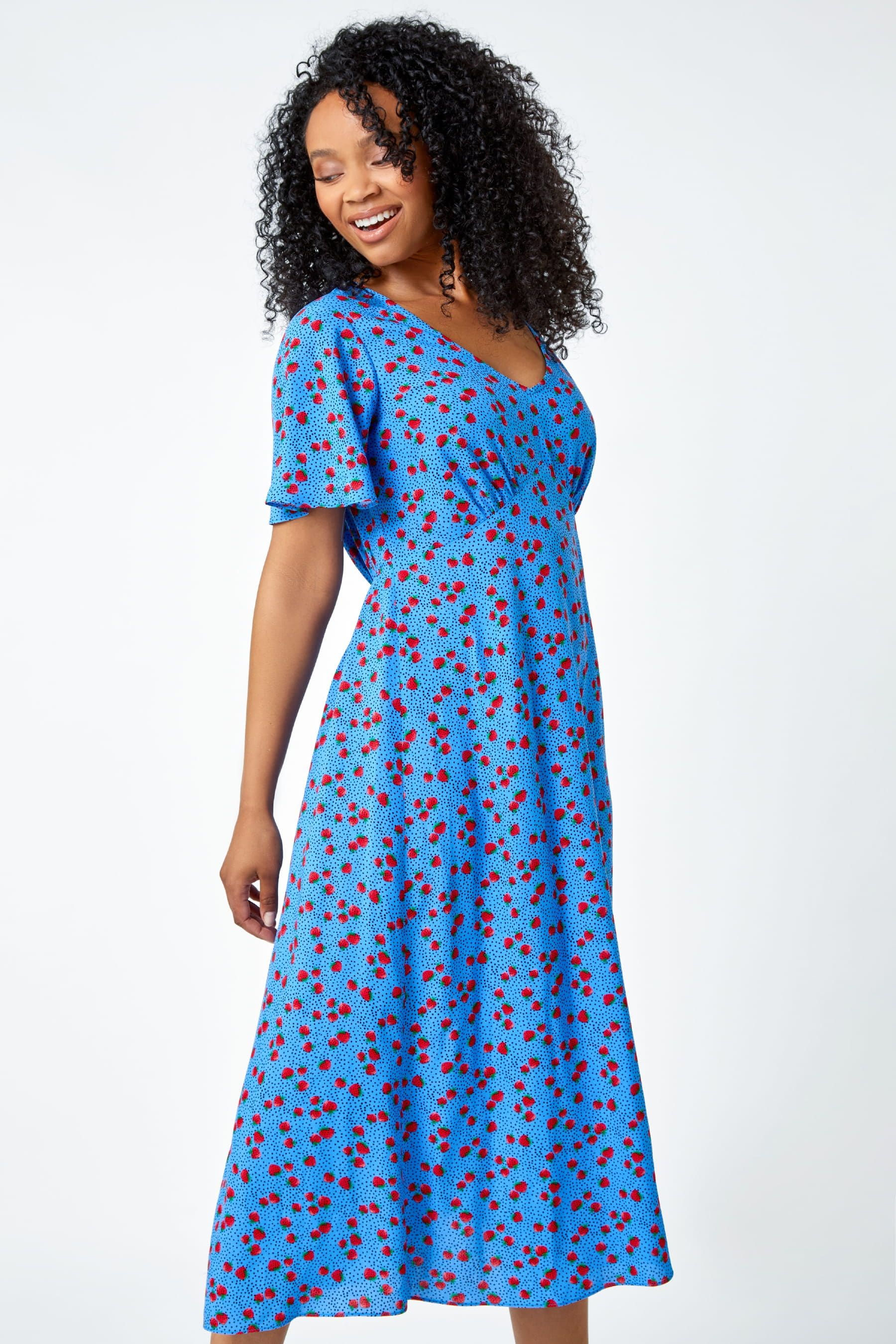 Buy Roman Blue Petite Strawberry Print Midi Tea Dress from the Next UK online shop