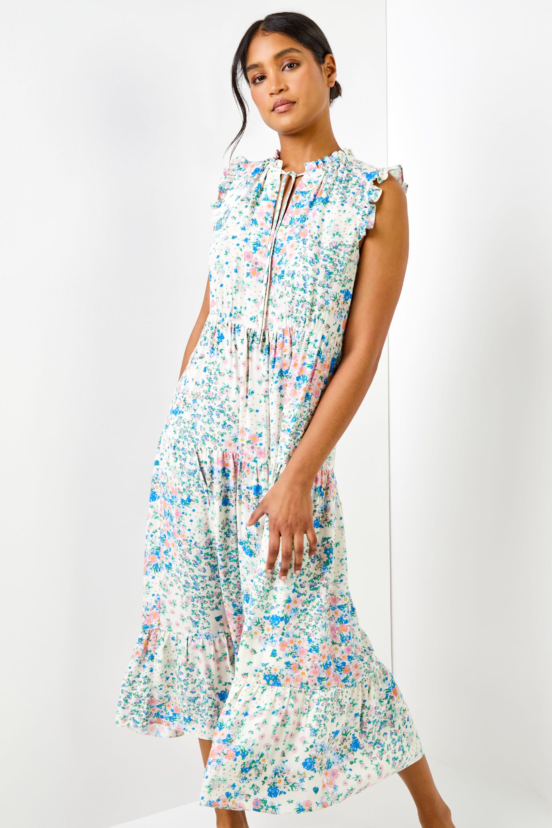 White floral print frill detail midi dress cheap