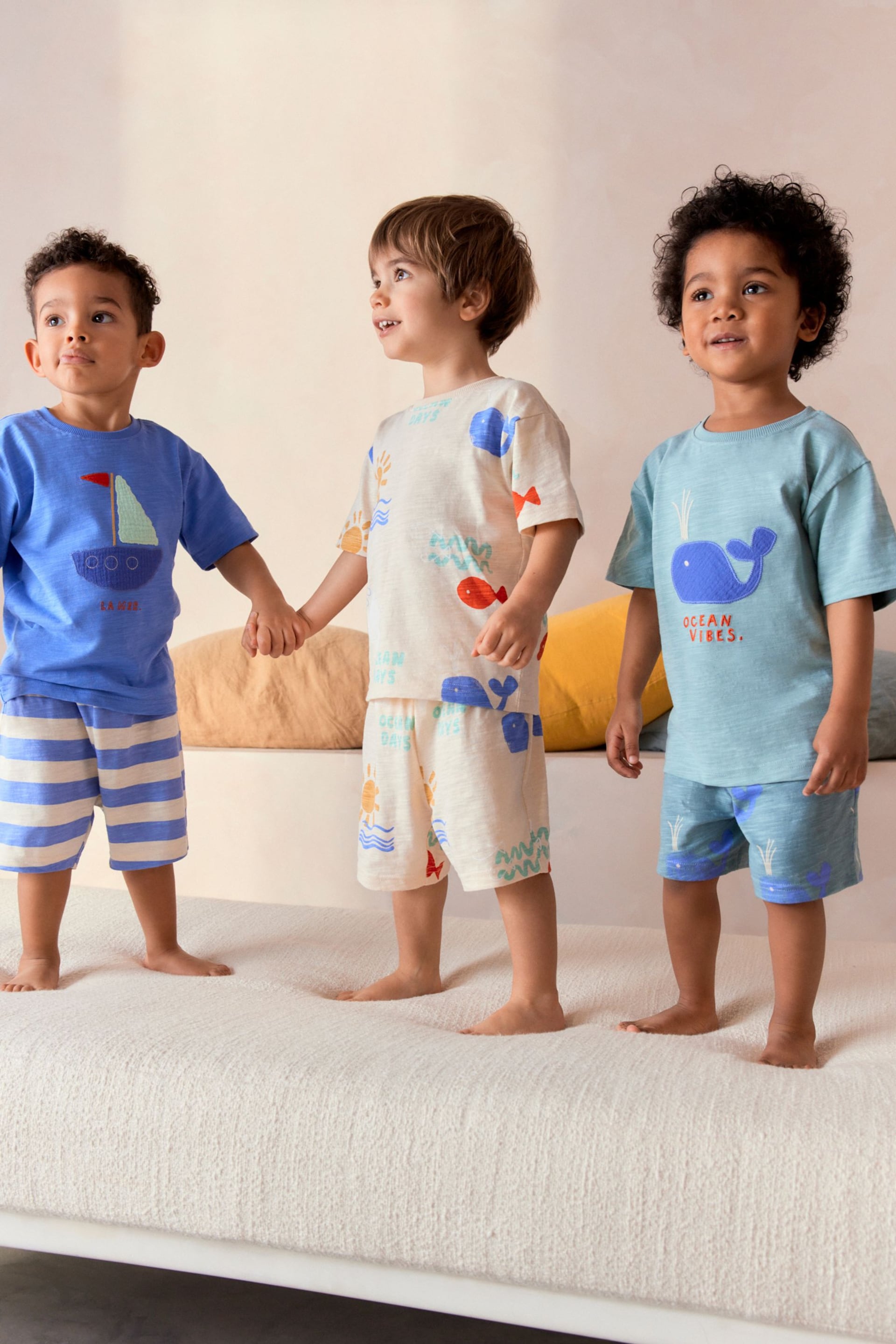 Blue/Cream/Green Whale Short Pyjamas 3 Pack (9mths-12yrs) - Image 1 of 12