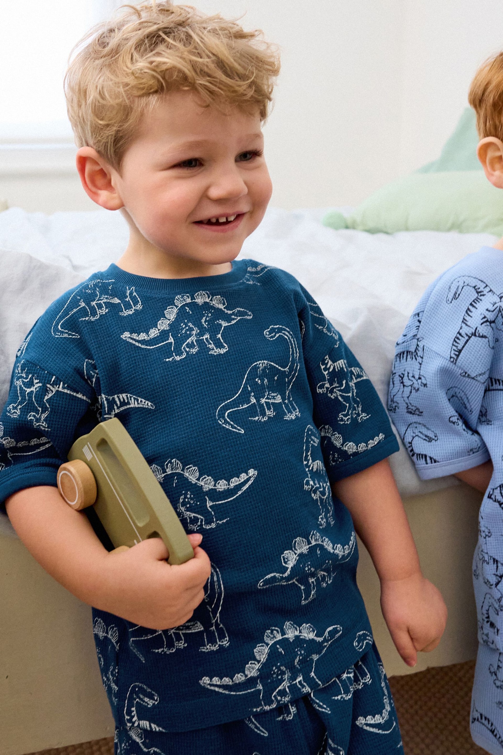 Blue/Green Waffle Dinosaur 3 Pack Short Pyjamas (9mths-10yrs) - Image 3 of 9