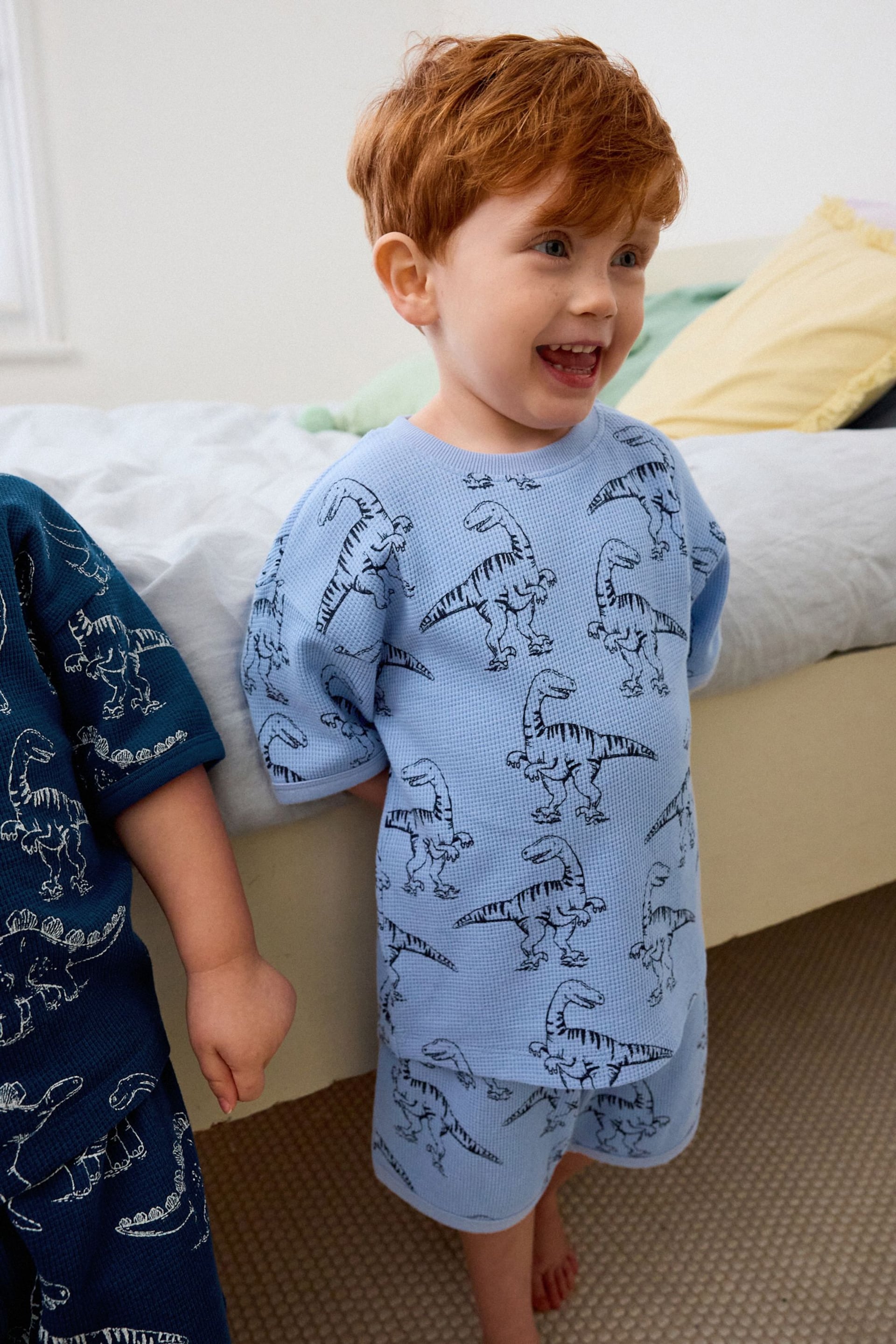 Blue/Green Waffle Dinosaur 3 Pack Short Pyjamas (9mths-10yrs) - Image 5 of 9