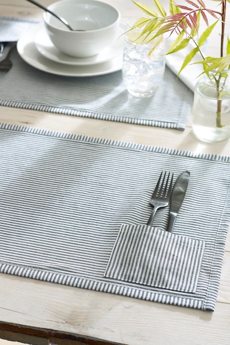 Set of 2 Charcoal Grey Bronx Stripe Placemats with Cutlery Pocket - Image 2 of 5