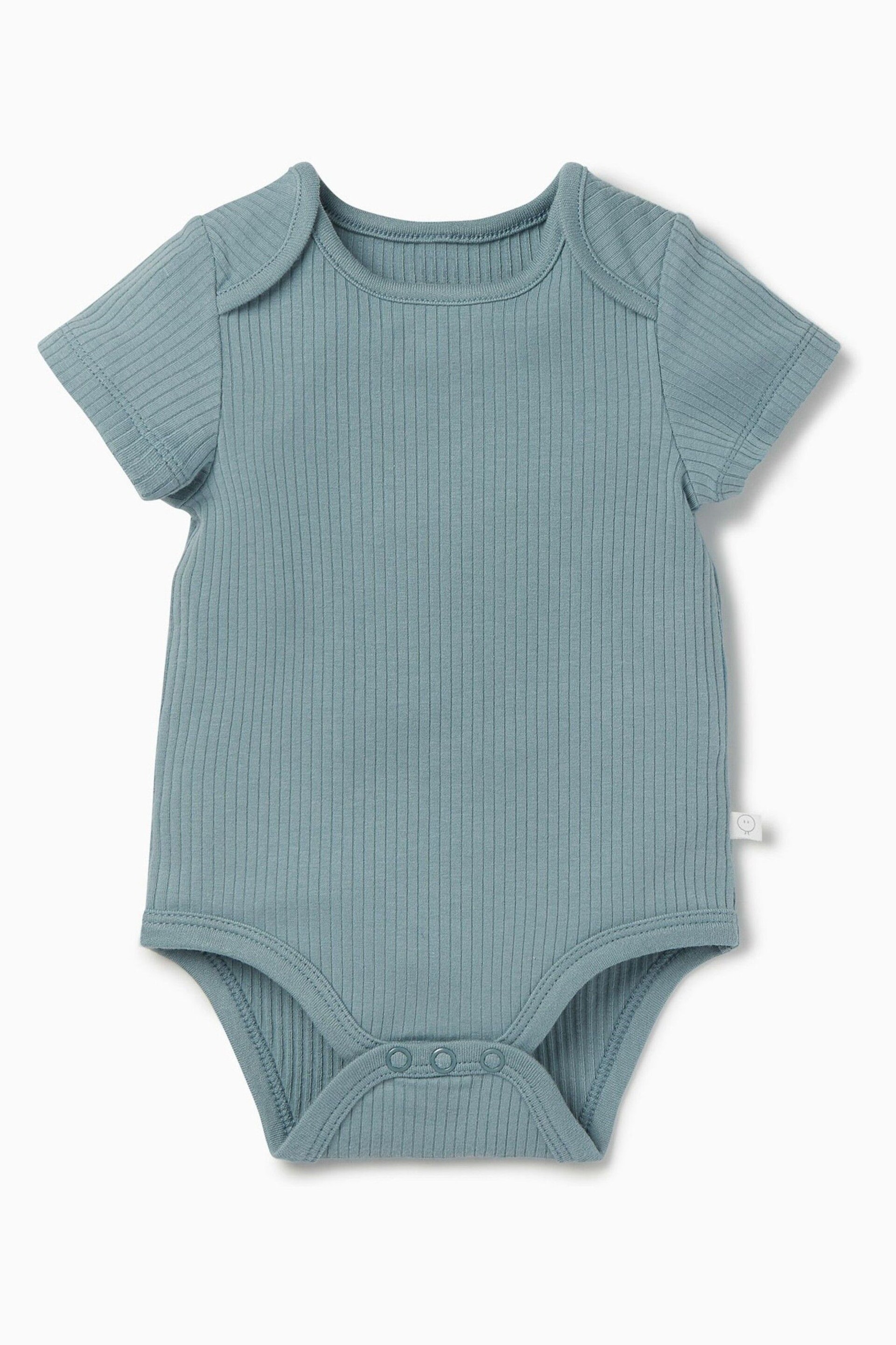 MORI Organic Cotton Blue Ribbed Short Sleeve Envelope Neckline Bodysuit - Image 1 of 1