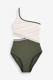 Khaki Green/Ecru Trim One Shoulder Cutout Tummy Shaping Control Swimsuit - Image 8 of 8