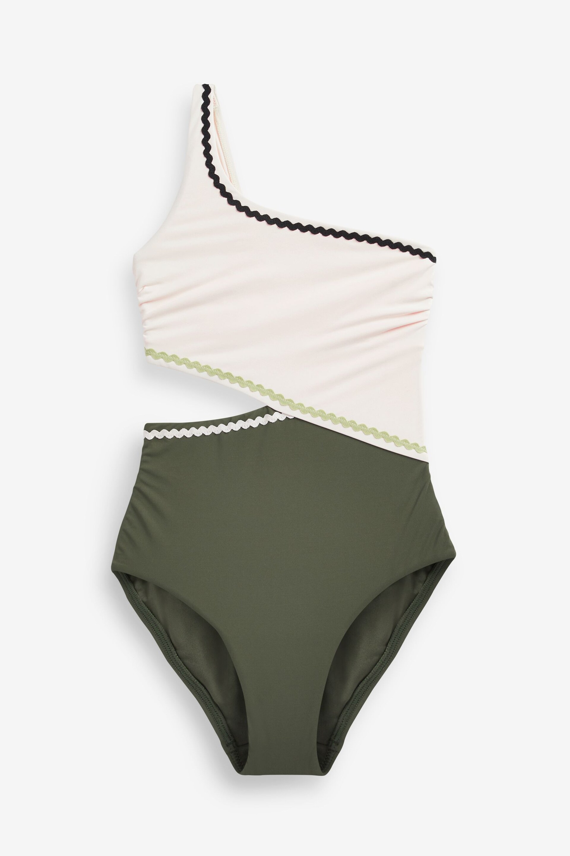 Khaki Green/Ecru Trim One Shoulder Cutout Tummy Shaping Control Swimsuit - Image 8 of 8