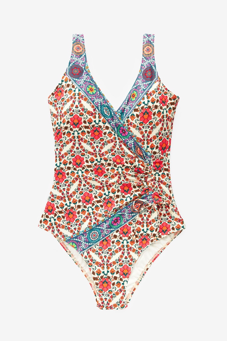 Ecru/Pink Paisley Ruched Side Tummy Shaping Control Swimsuit - Image 5 of 6
