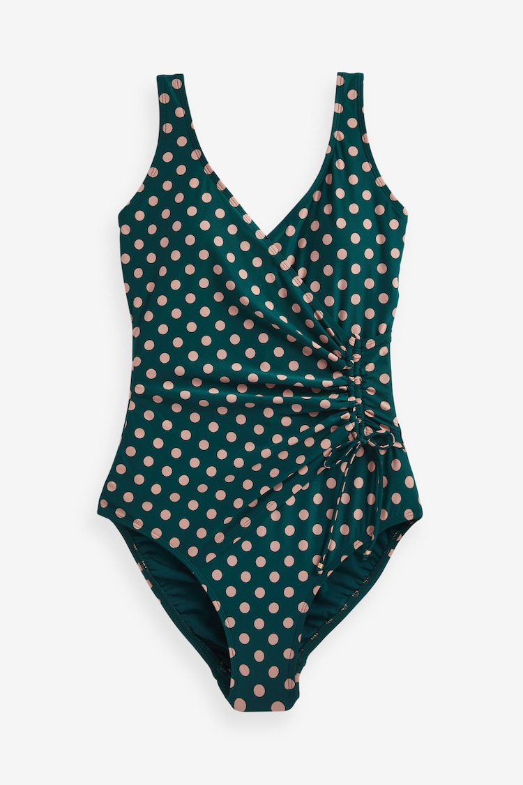 Teal/Tan Spot Ruched Side Tummy Shaping Control Swimsuit - Image 5 of 5