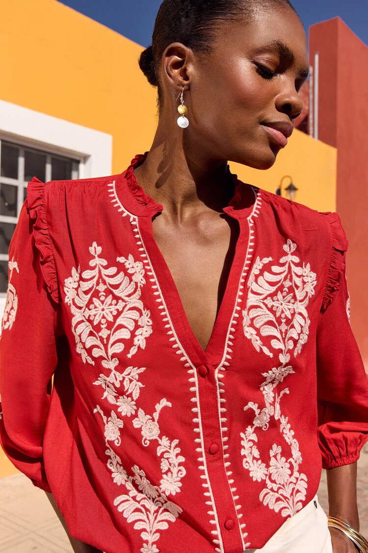 Buy Love & Roses Red Embroidery Petite Embroidered V Neck 3/4 Sleeve ...