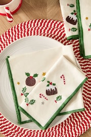 Set of 4 White Christmas Pudding 100% Cotton Embroidered Napkins - Image 1 of 4