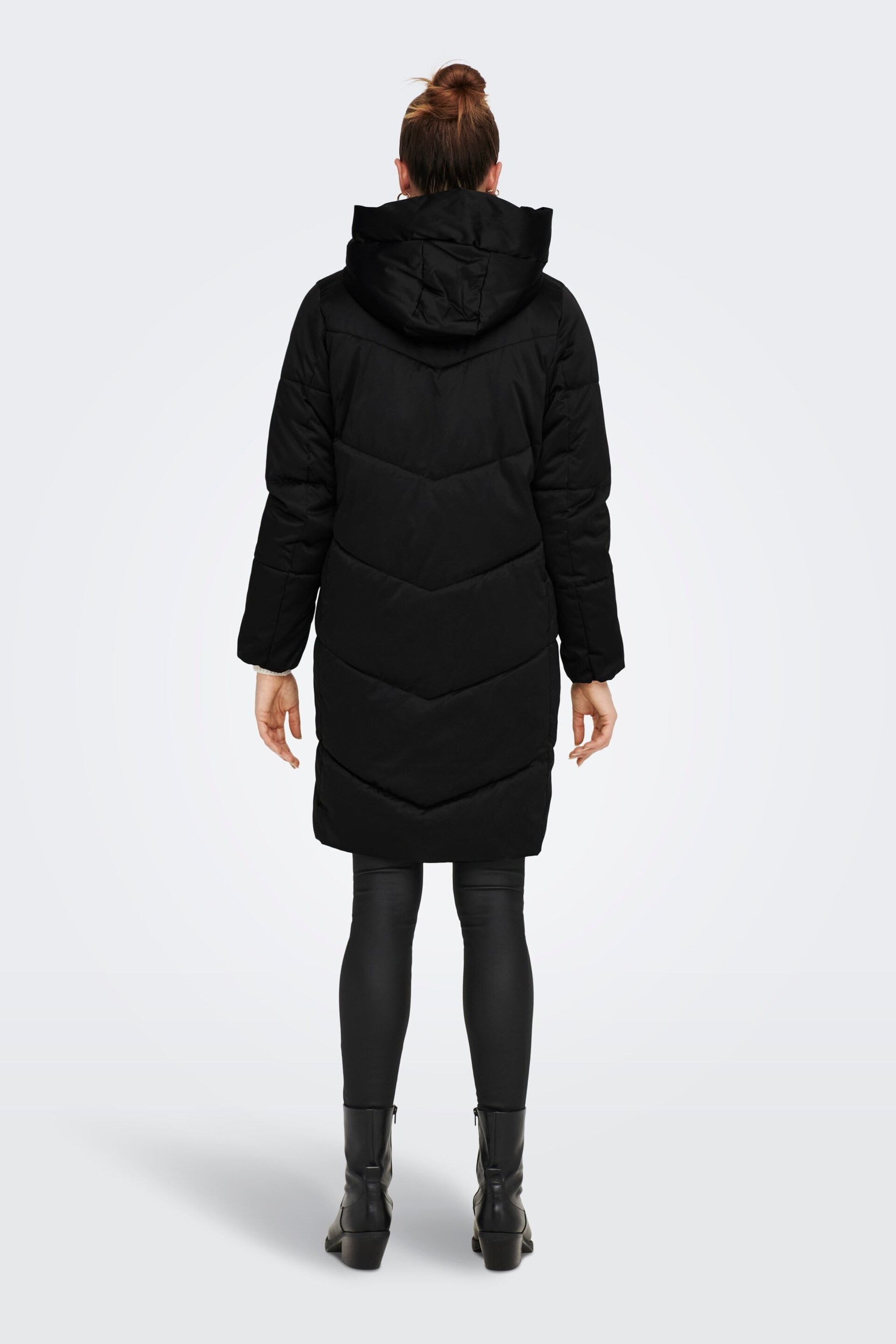 JDY Black High Neck Padded Hooded Longline Coat - Image 2 of 7