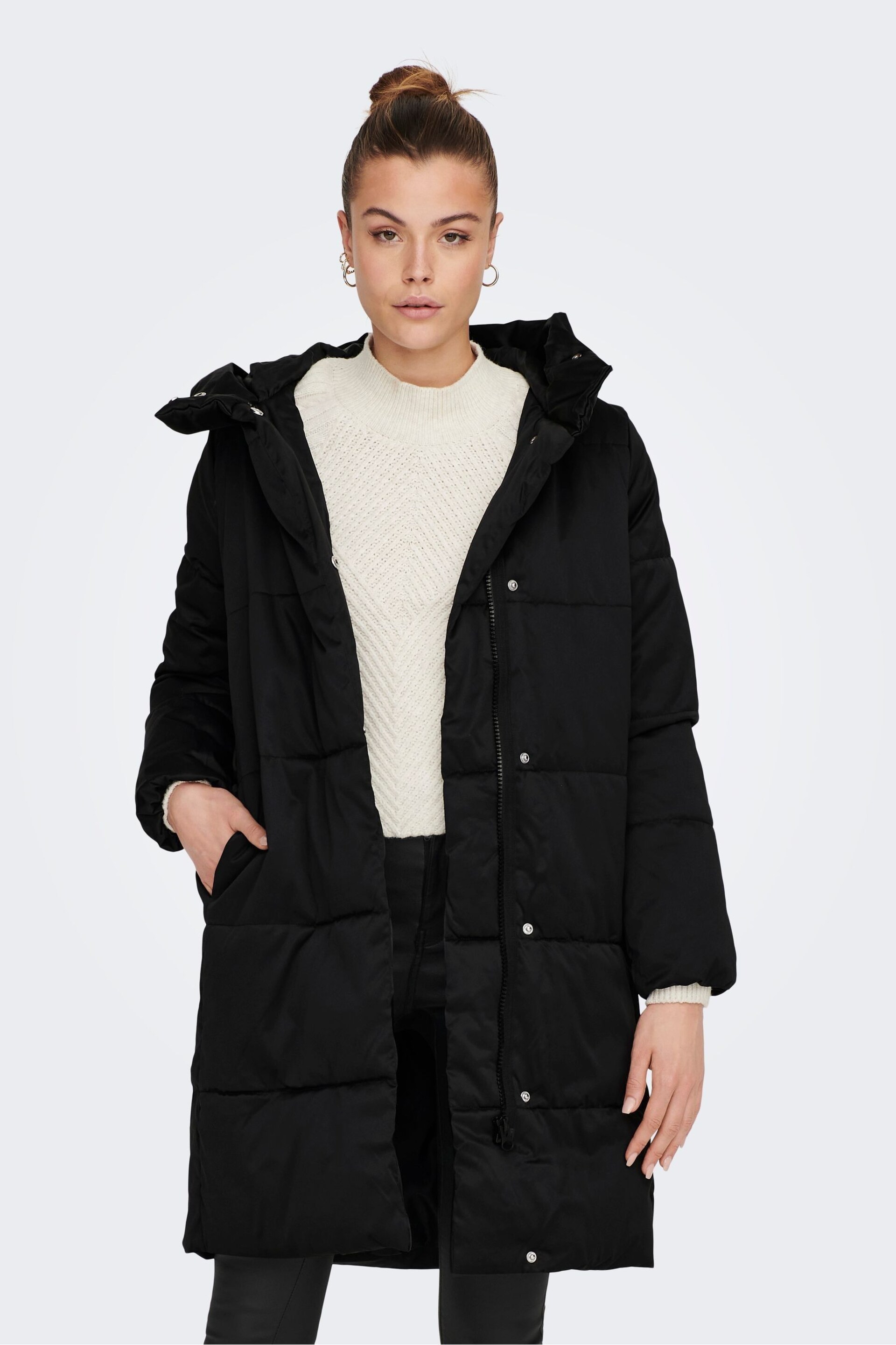 JDY Black High Neck Padded Hooded Longline Coat - Image 3 of 7