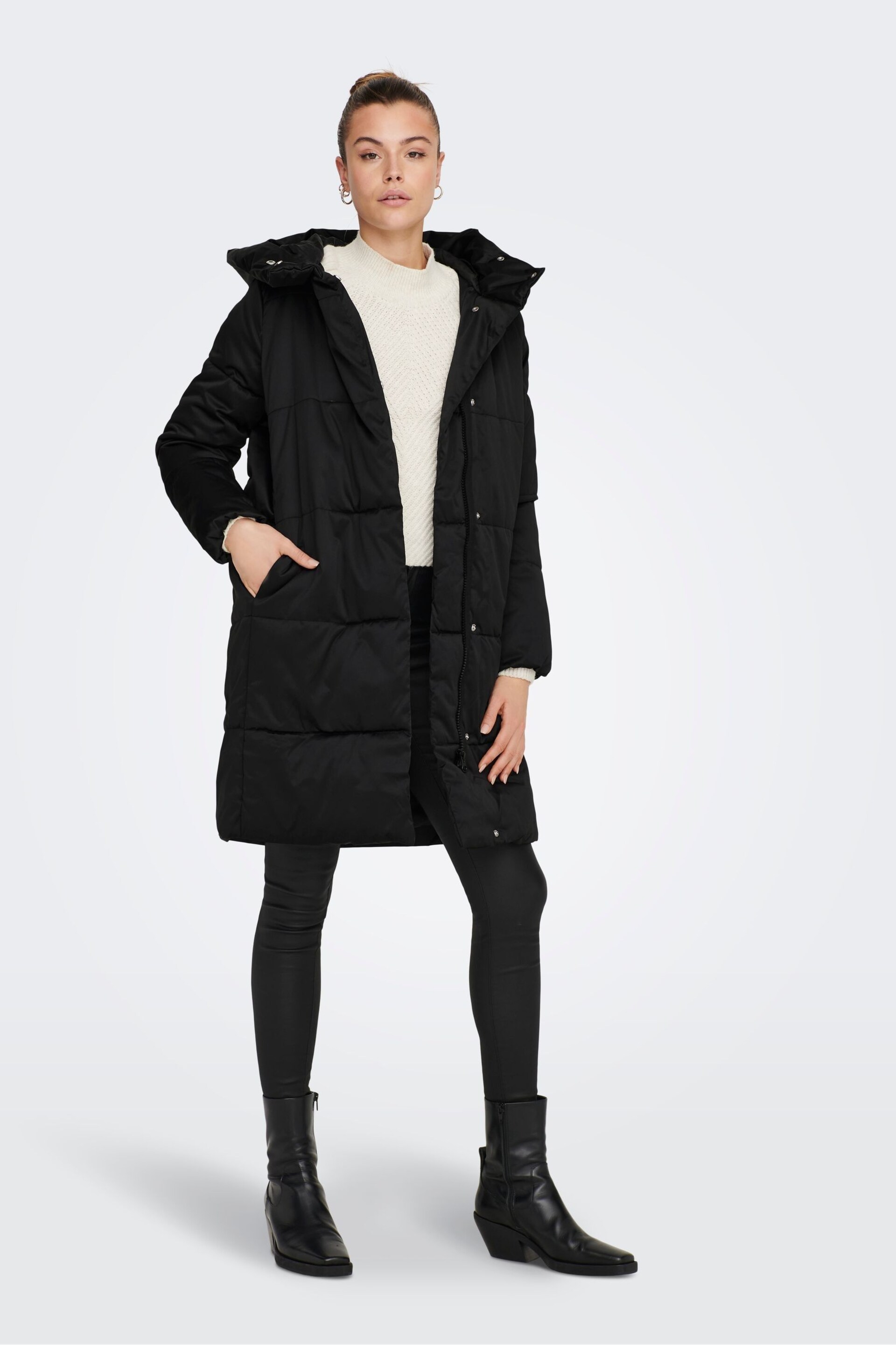 JDY Black High Neck Padded Hooded Longline Coat - Image 4 of 7