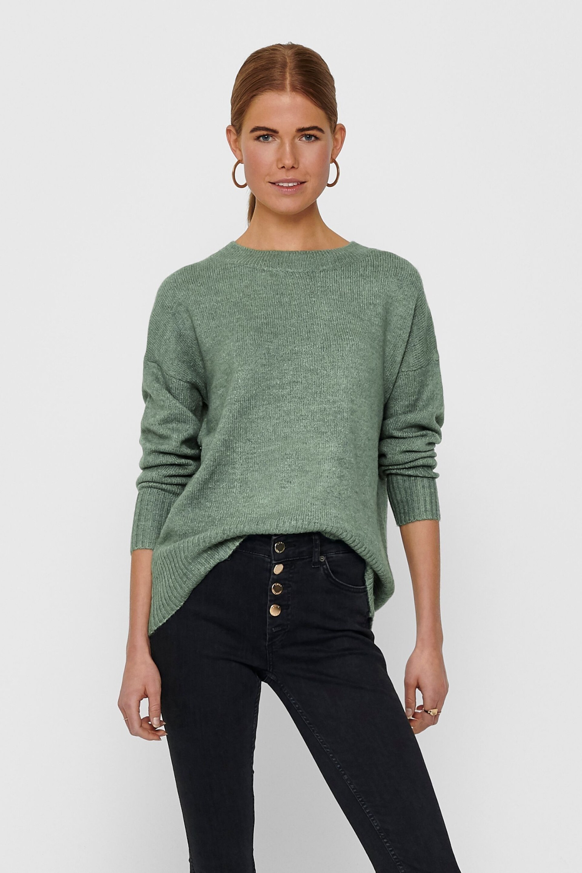 ONLY Green Round Neck Longline Tunic Soft Jumper - Image 1 of 2
