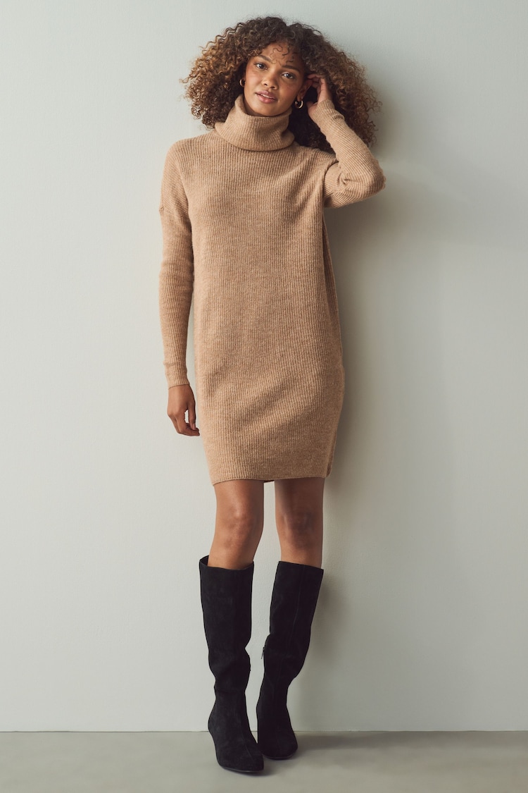 ONLY Brown Roll Neck Knitted Jumper Dress - Image 1 of 5