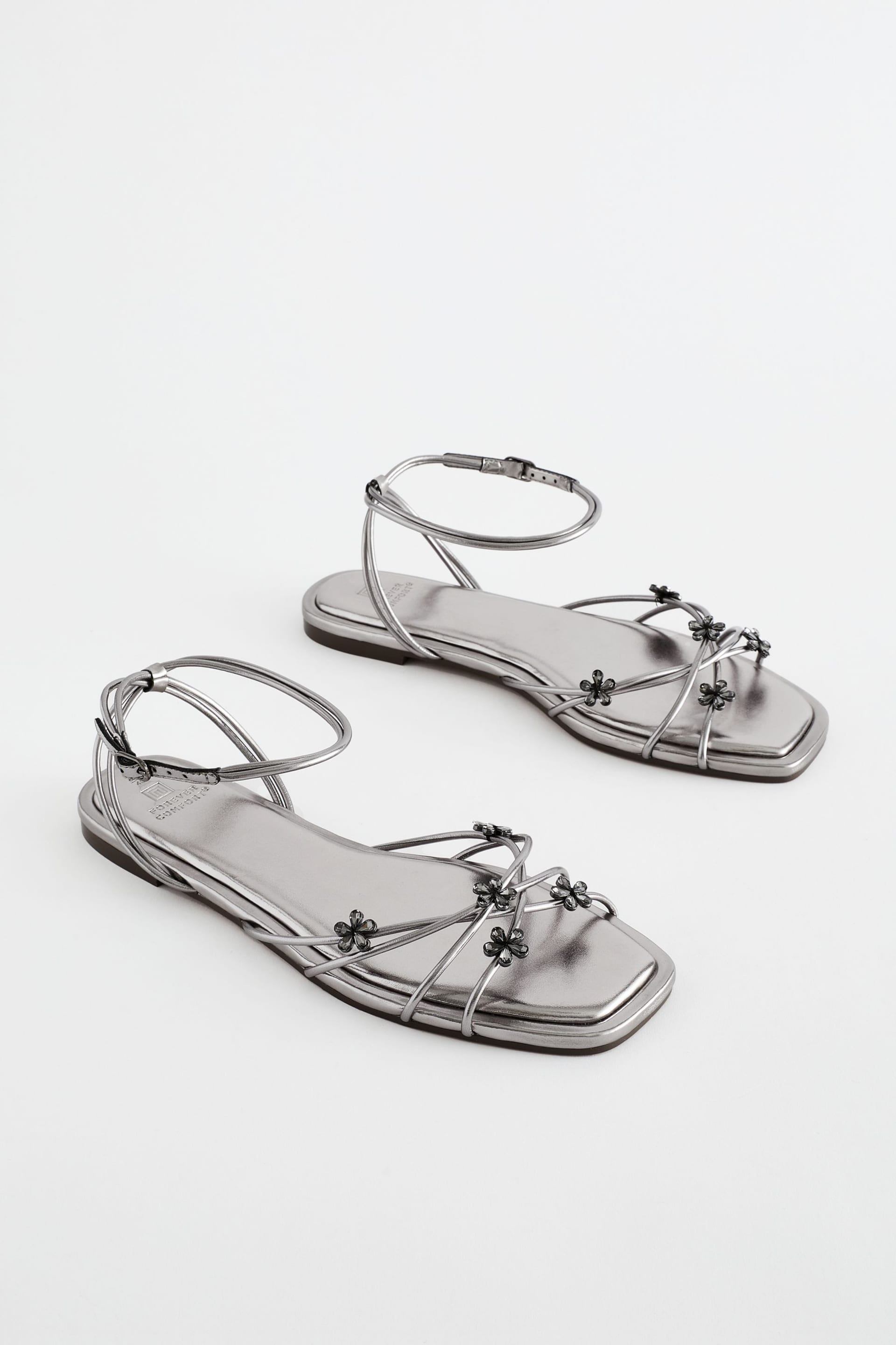Pewter Metallic Jewelled Flower Strappy Sandals - Image 1 of 1