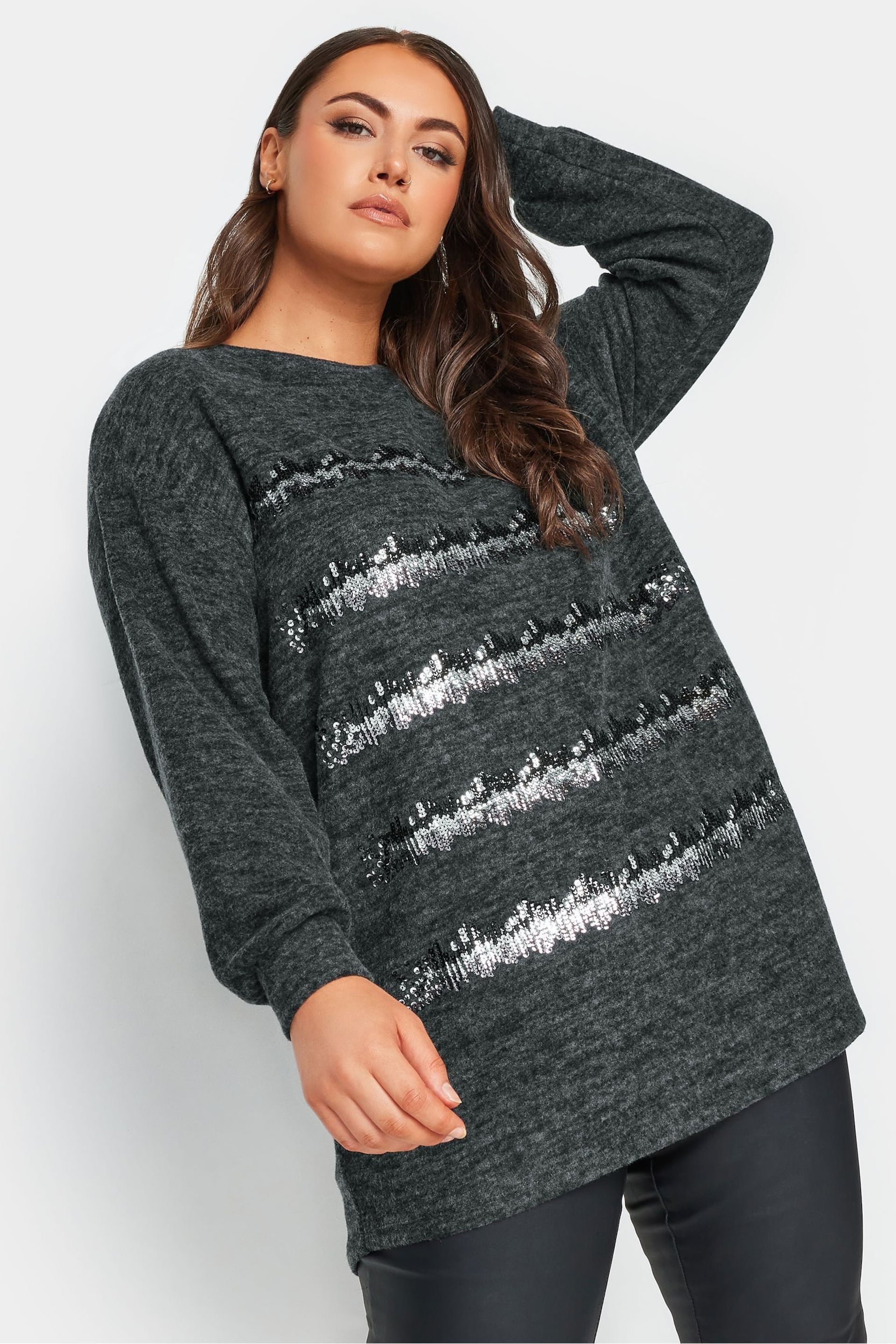 Yours Curve Grey Sequin Jumper - Image 1 of 4