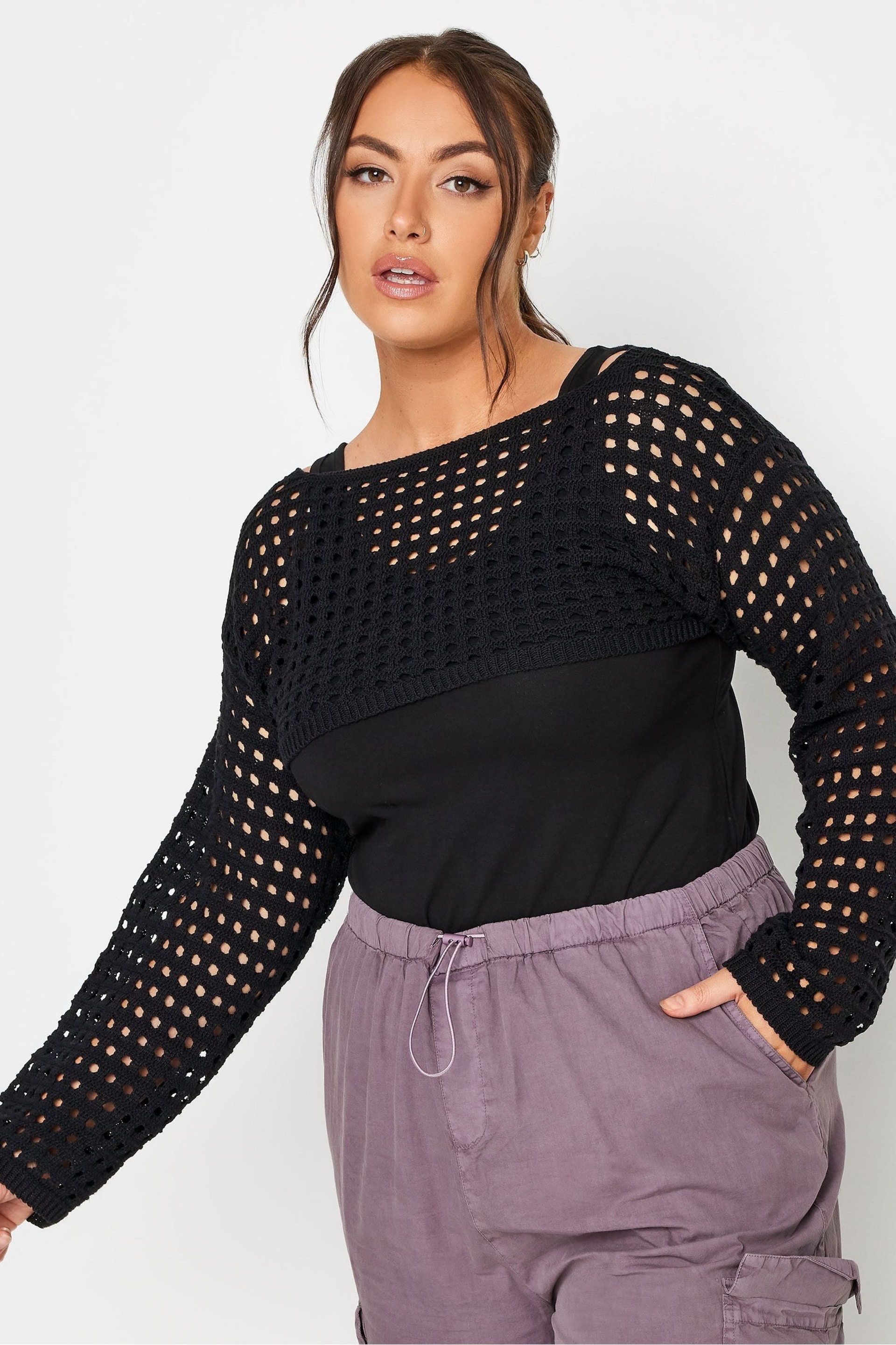 Yours Curve Black Limited Cropped Knit Armwarmer Jumper - Image 1 of 4