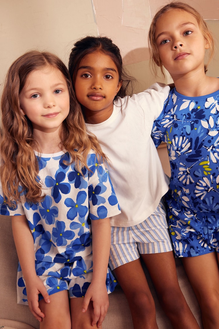 Blue Floral/ Stripe Short 100% Cotton Pyjamas 3 Pack (9mths-16yrs) - Image 1 of 12