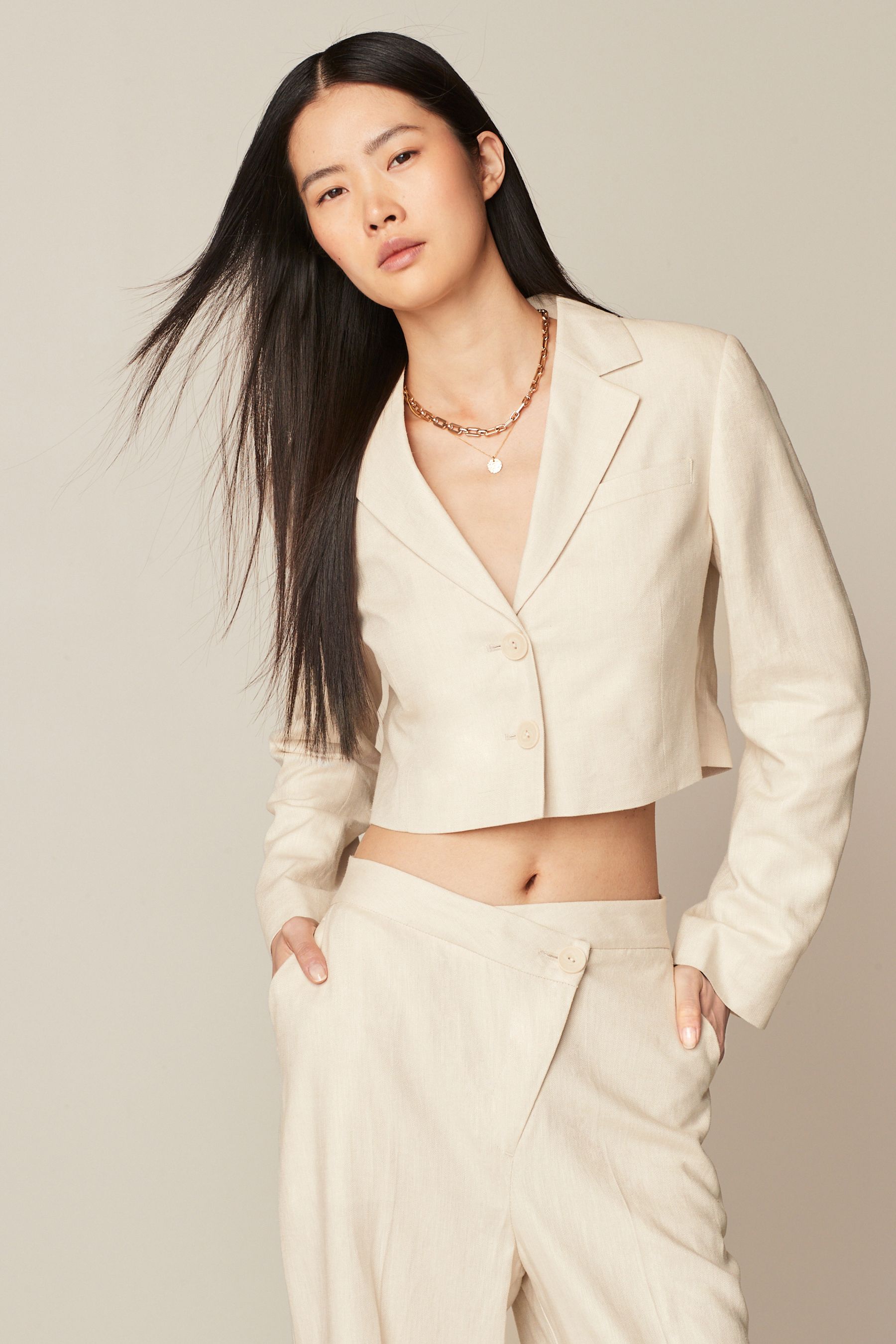 Neutral Linen Textured Cropped Blazer