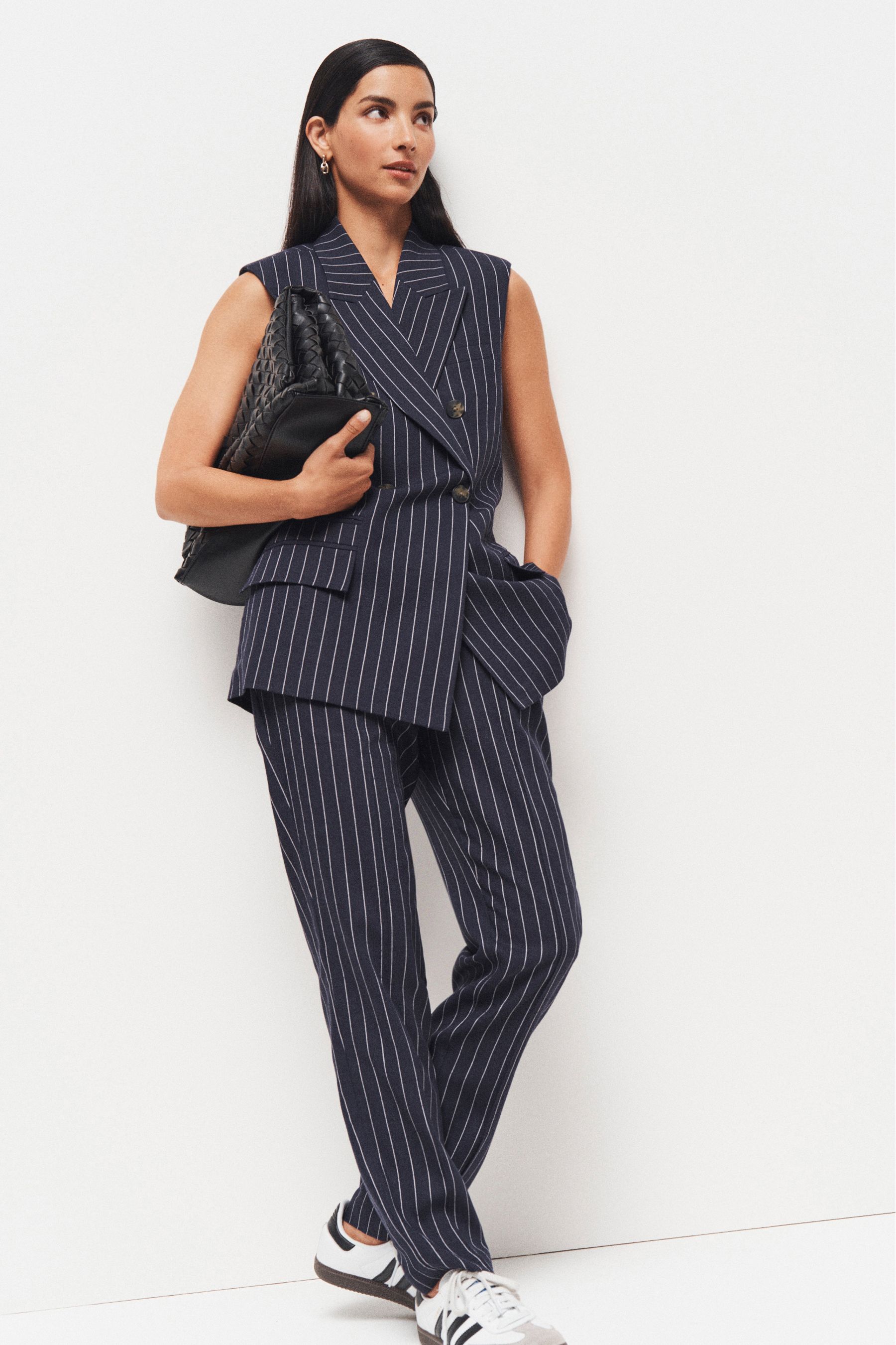 Buy Navy Linen Striped Tapered Trousers from Next Oman