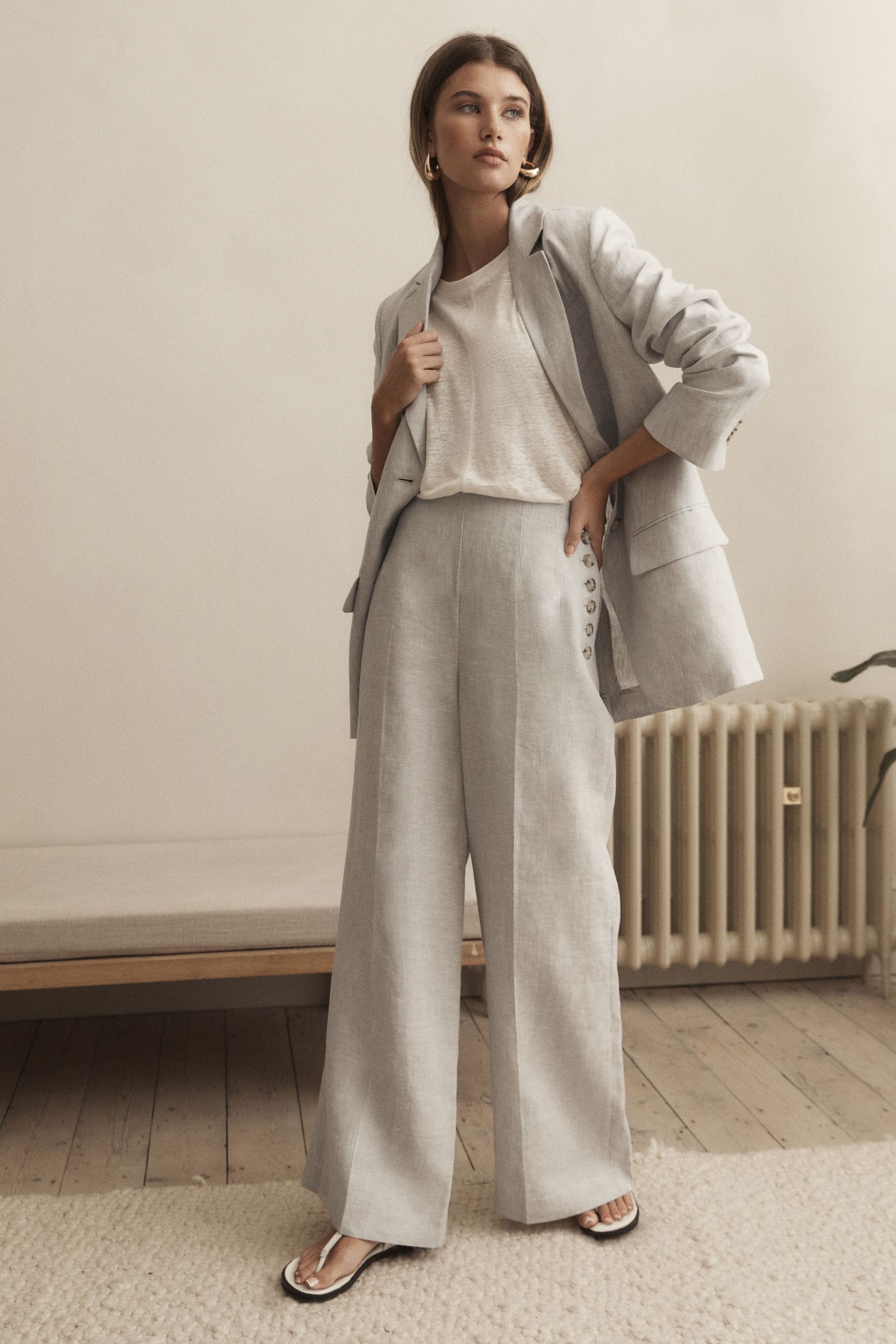 Buy Grey Premium 100 Linen Wide Leg Trousers from Next France
