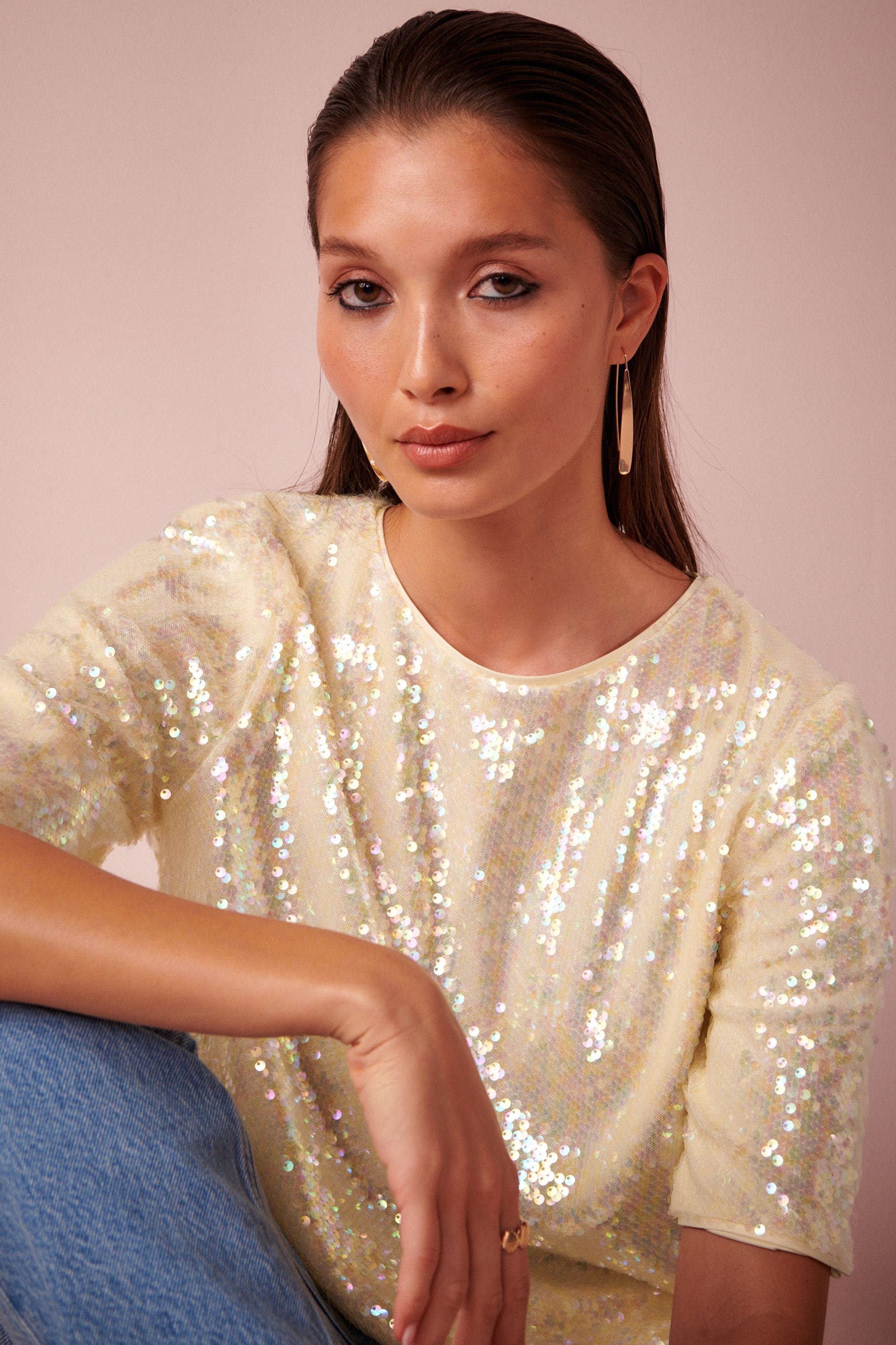 Buy Cream Sequin T Shirt from Next Luxembourg