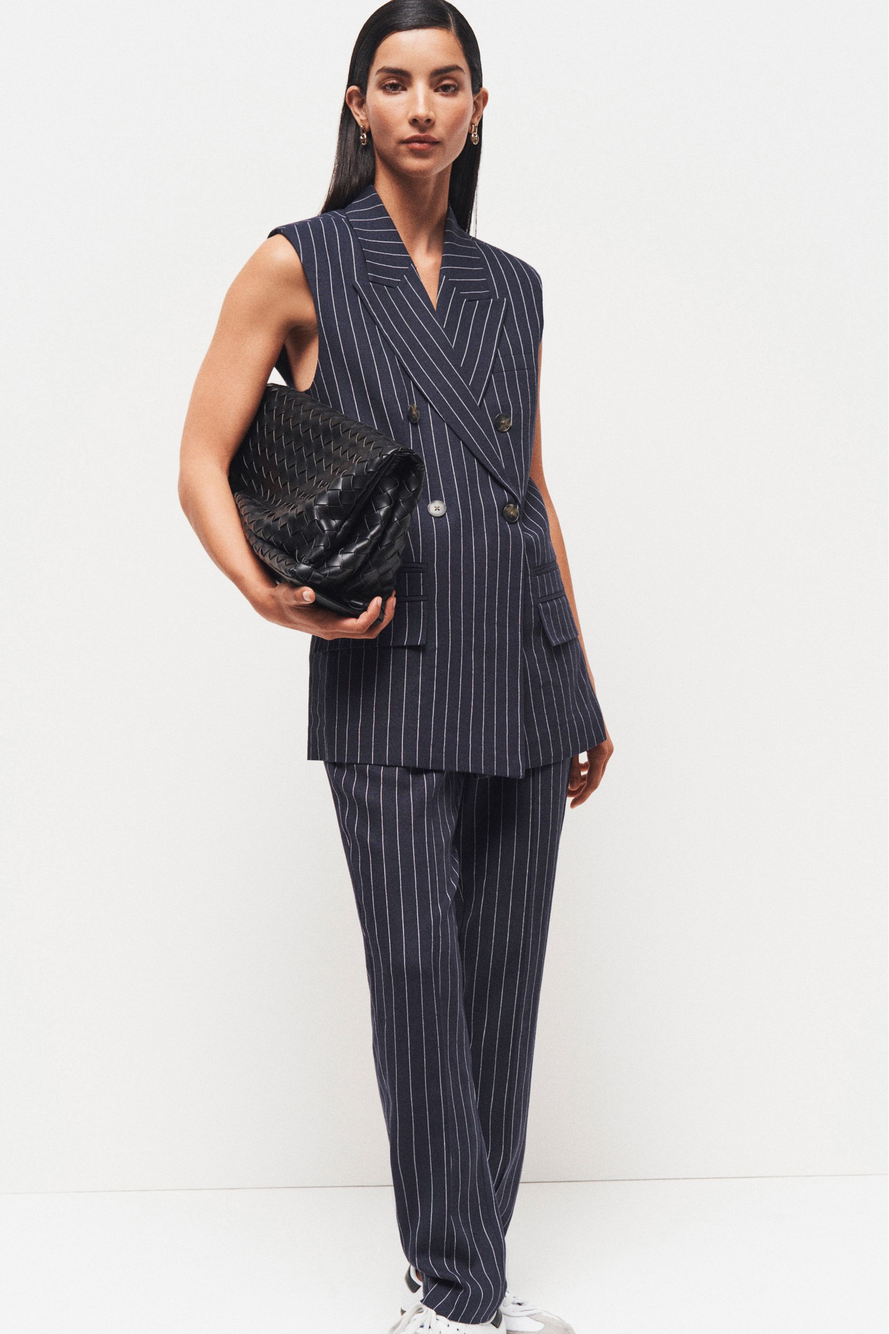 Buy Navy Linen Striped Sleeveless Double Breasted Blazer from Next Luxembourg