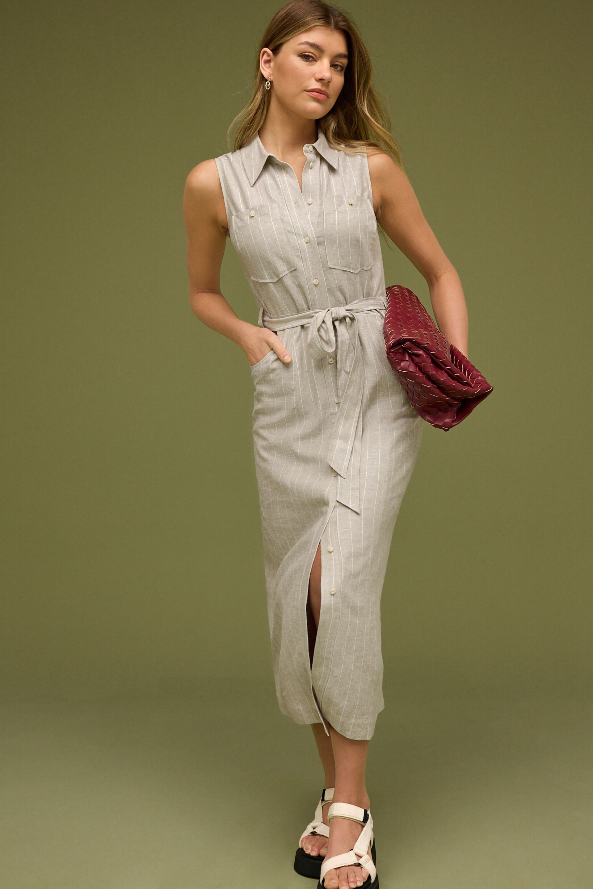 Mink Brown Linen Utility Pocket Sleeveless Midi Dress - Image 1 of 6